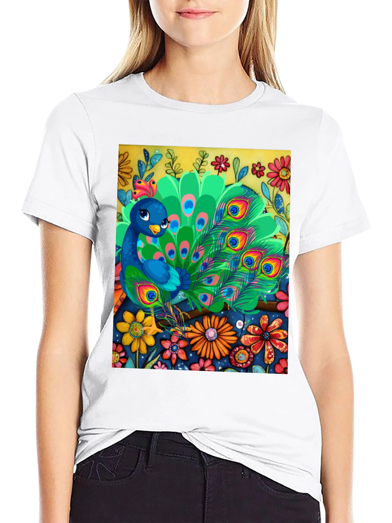 Peacock Floral Graphic Tee - Unique Art Design - 9