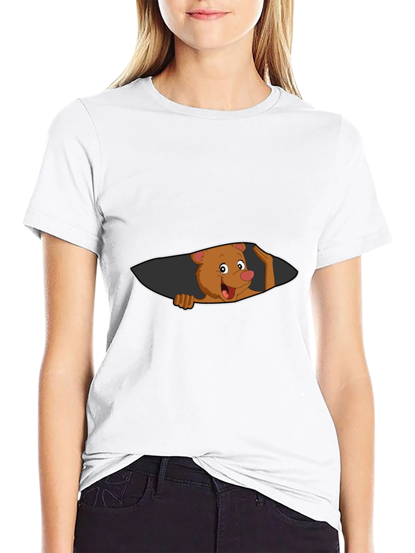Black Cartoon Bear Peeking Men's Black T-Shirt view 9