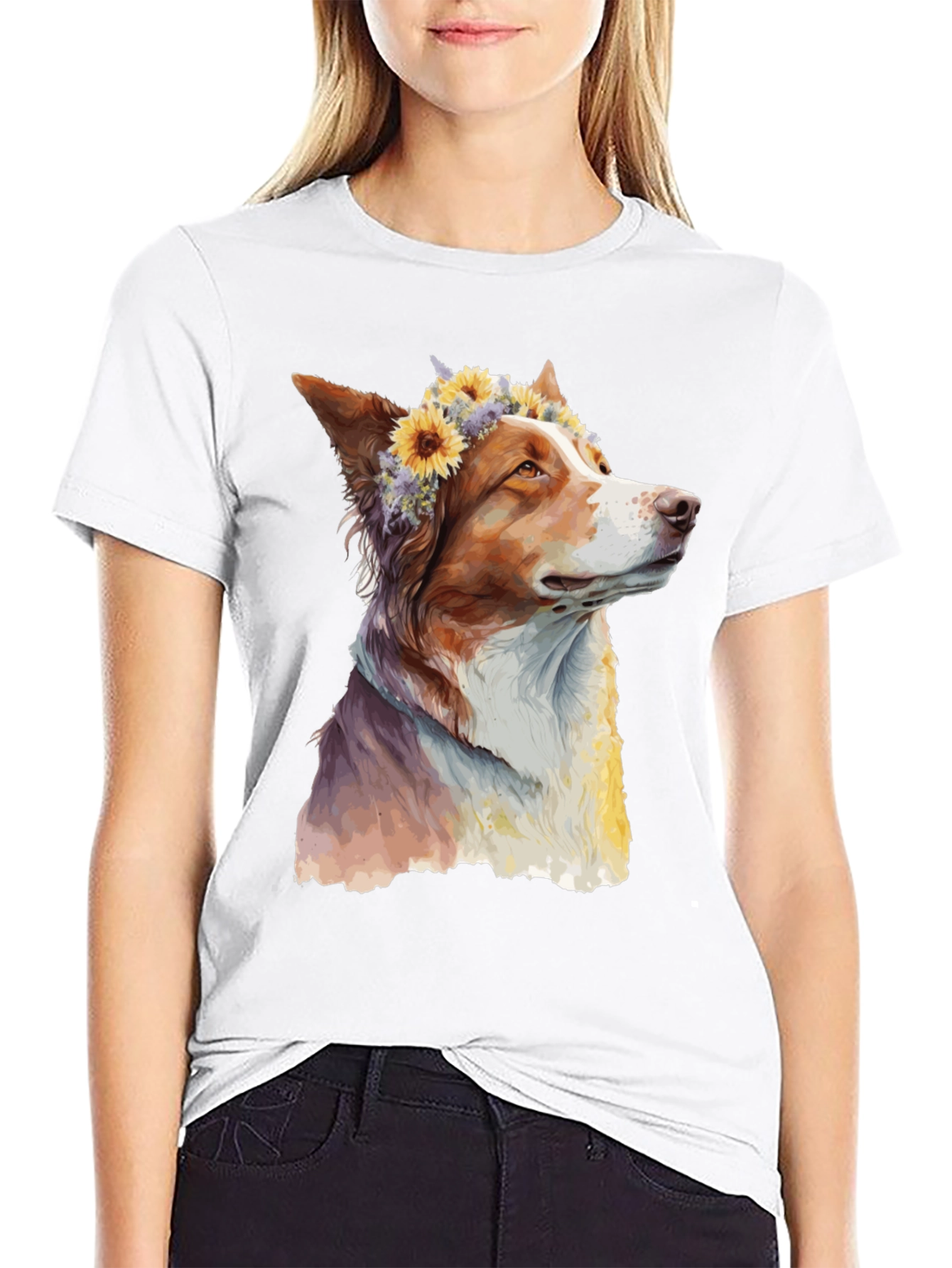 Black Dog with Flowers Graphic Tee - Artistic Print view 9