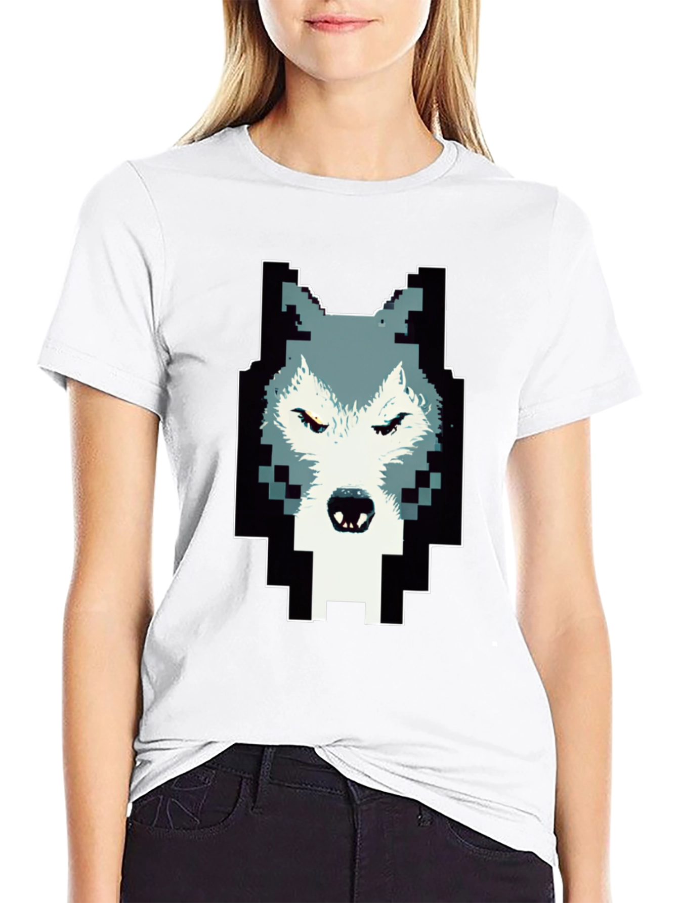 Black Pixelated Wolf Graphic Tee - Cool Design view 9