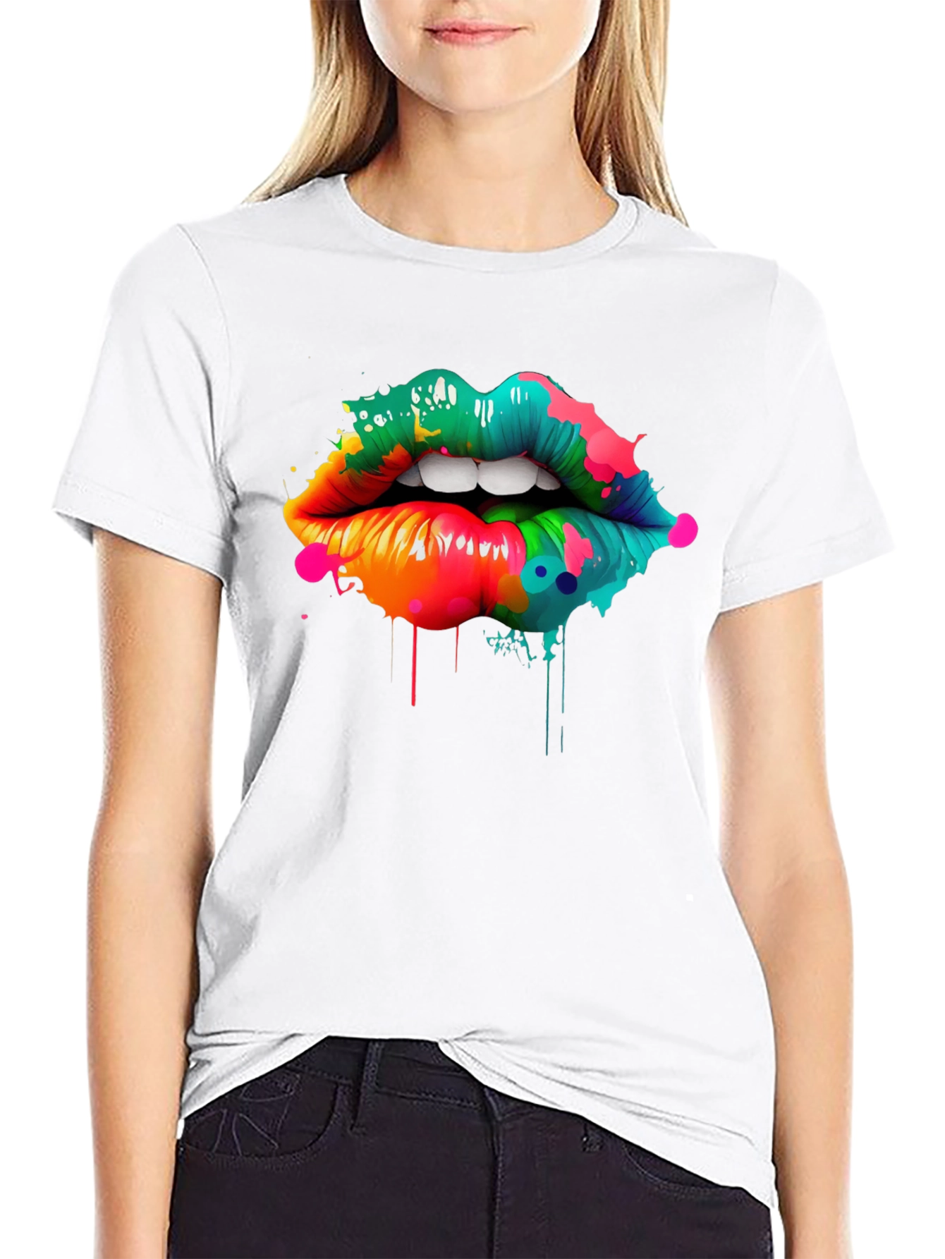 Black Colorful Lips Graphic Print T-Shirt view 9