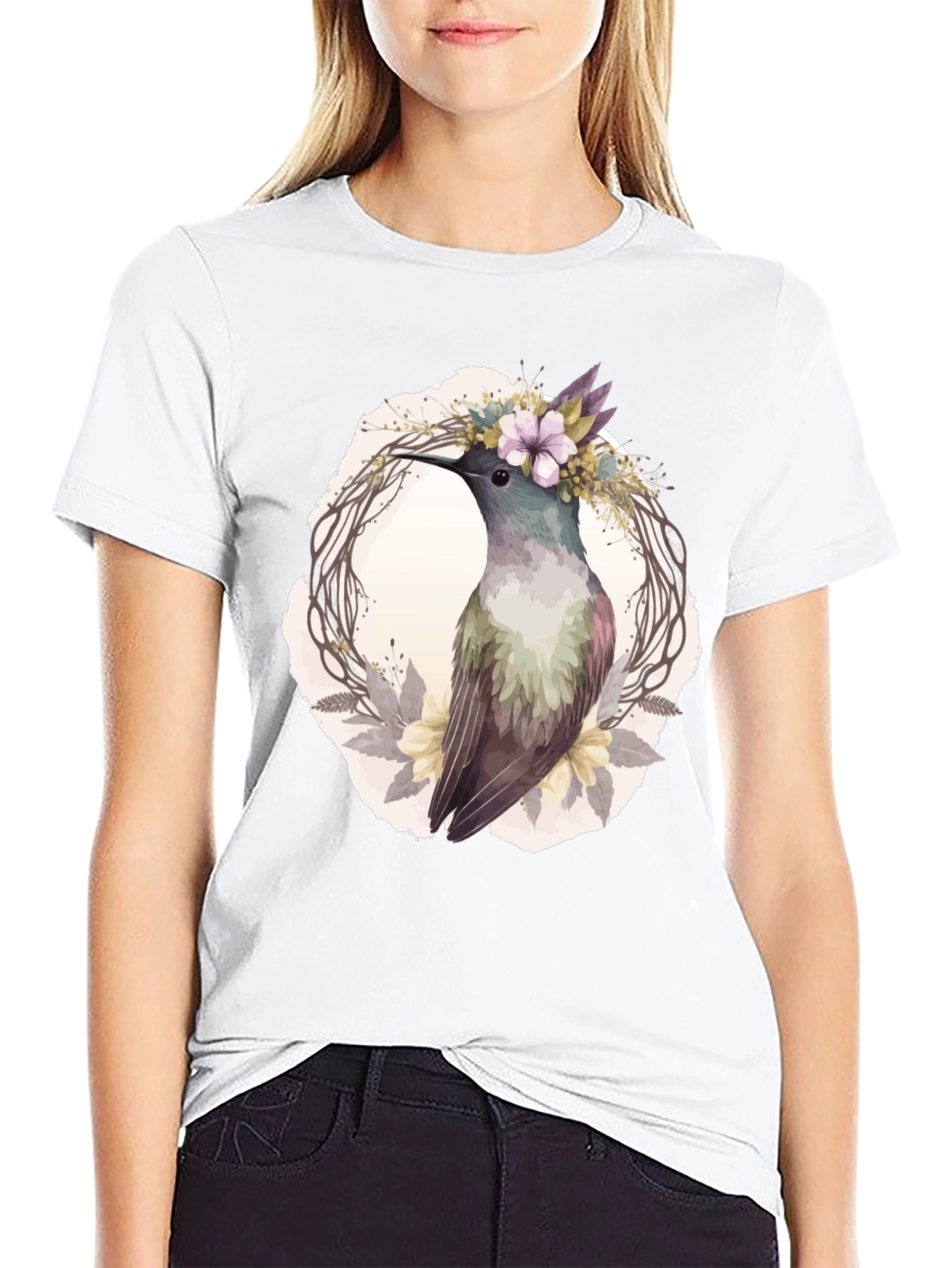 Black Hummingbird Floral Wreath T-Shirt - Nature Lover Tee view 9