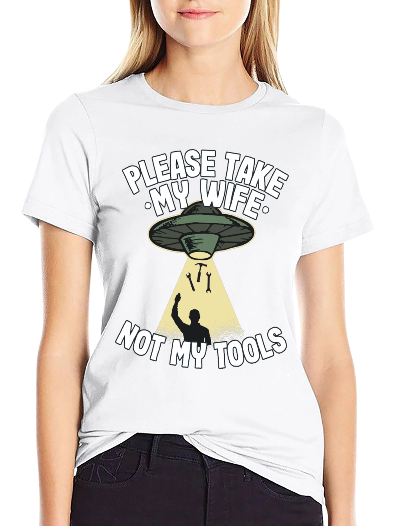 Black Funny Alien Abduction Graphic T-Shirt - Take My Wife, Not My Tools view 9