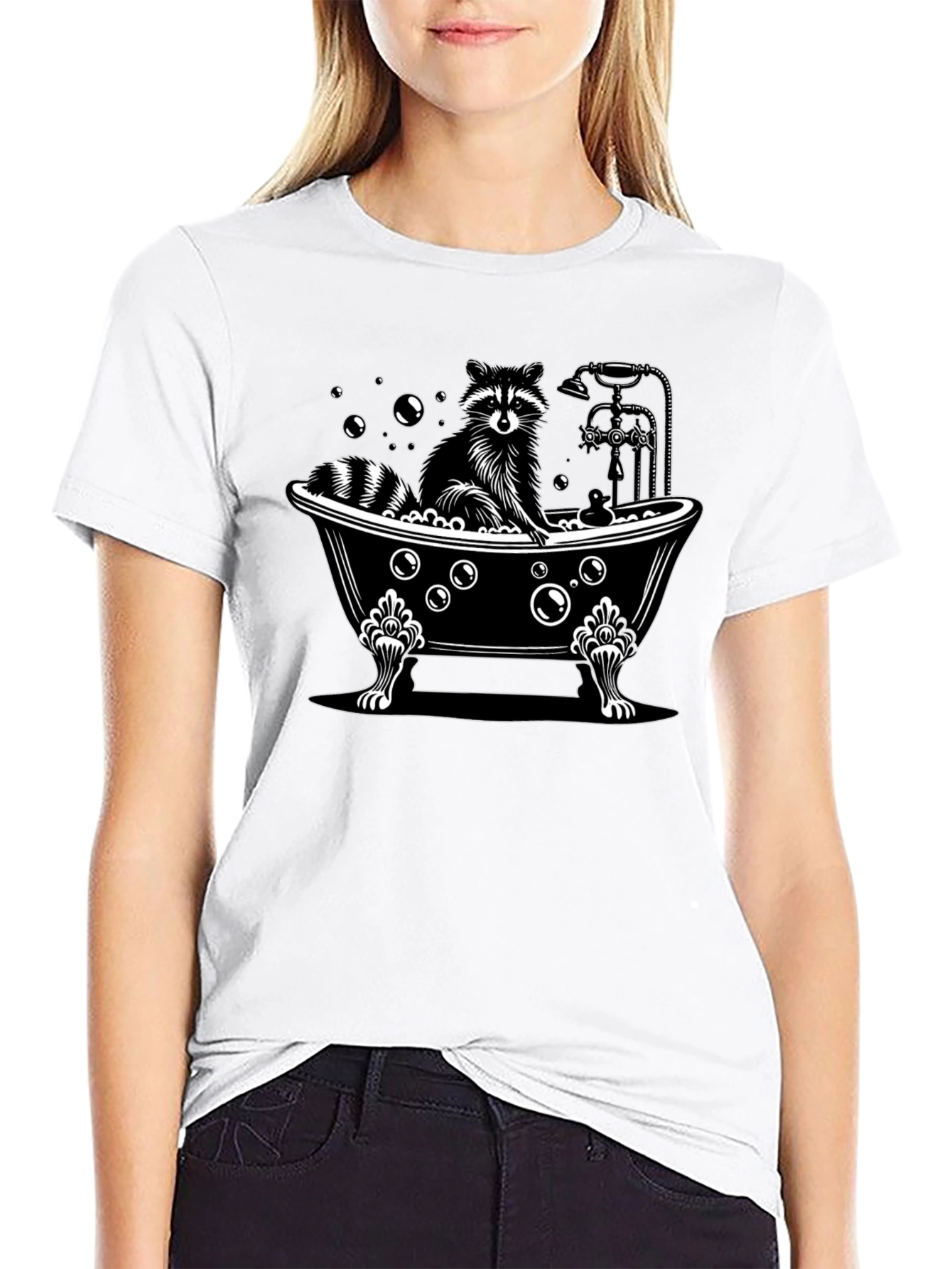 Black Raccoon Bathtub Graphic Tee - Unisex Black Cotton T-Shirt view 9