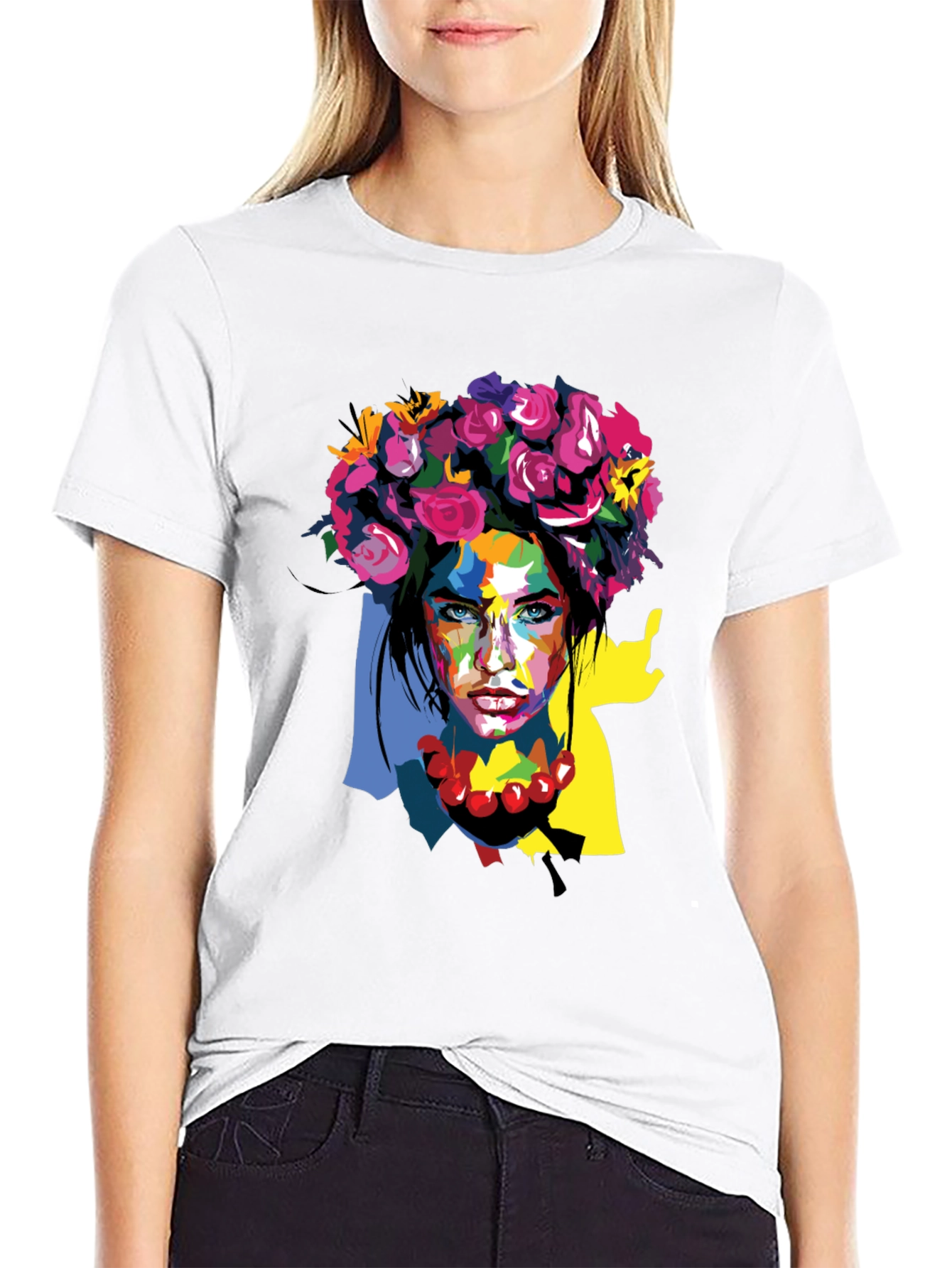 Black Floral Woman Graphic Tee - Artistic Fashion Shirt view 9