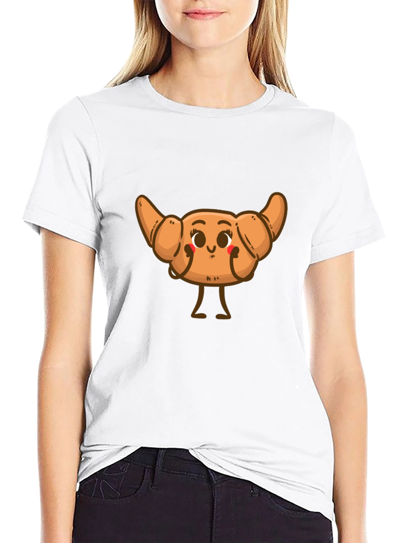Black Cute Croissant Cartoon Graphic T-Shirt view 9