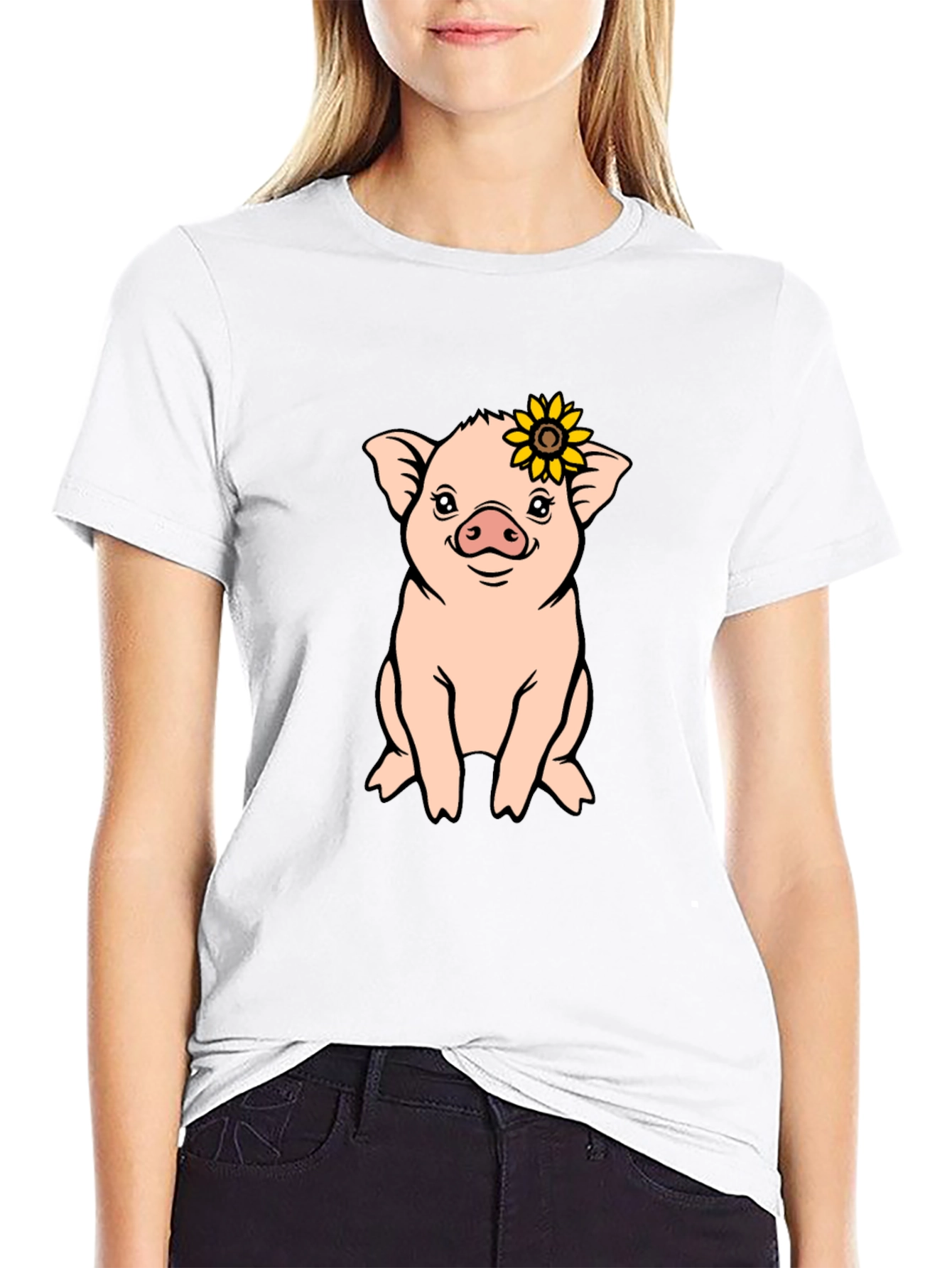 Black Cute Pig with Sunflower Graphic T-Shirt view 9
