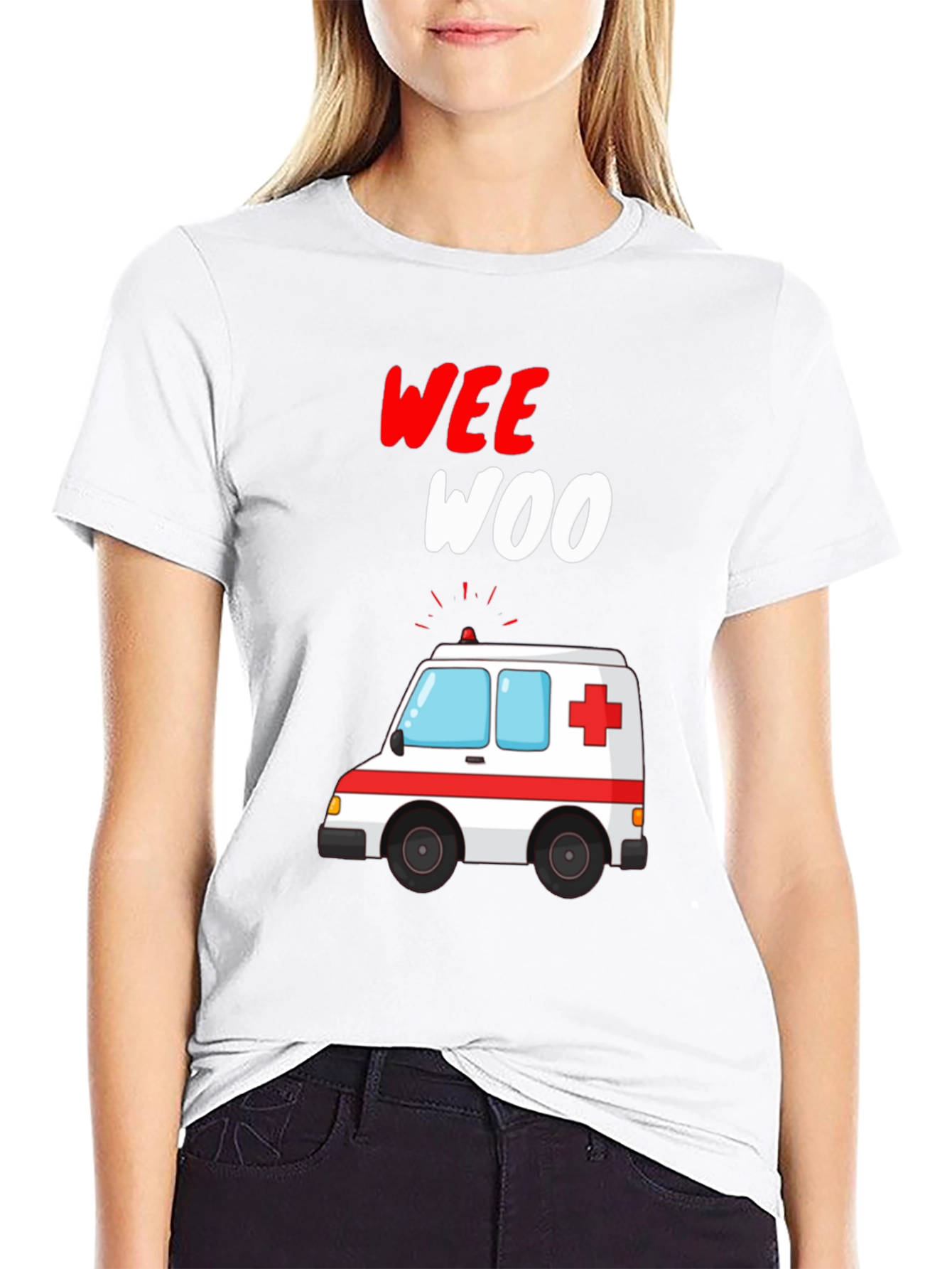 Wee Woo Ambulance Cartoon Black T-Shirt - 9