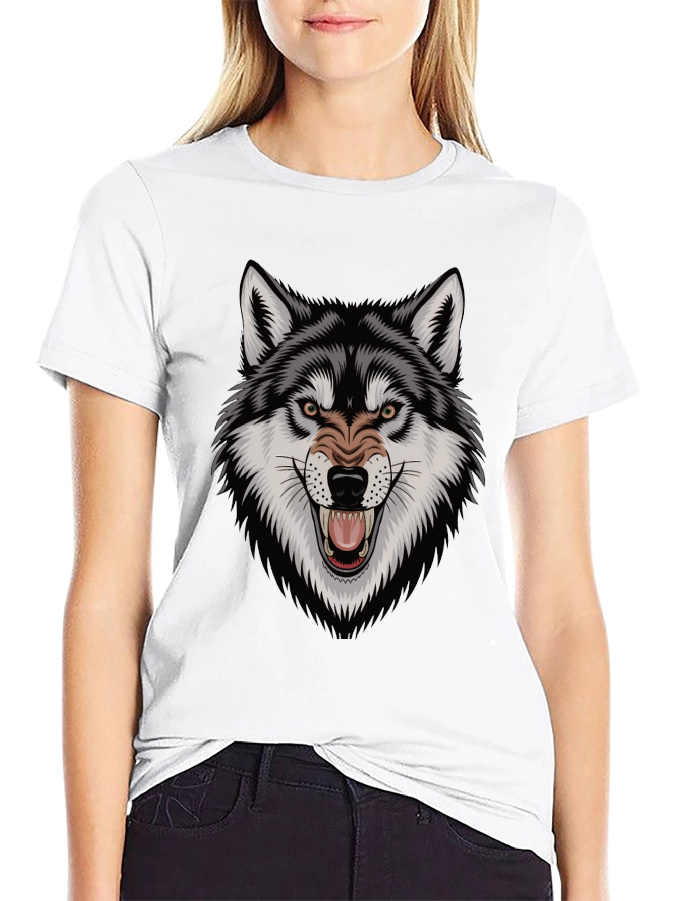 Black Men's Wolf Graphic Tee - Fierce Design, Black Cotton T-Shirt view 9
