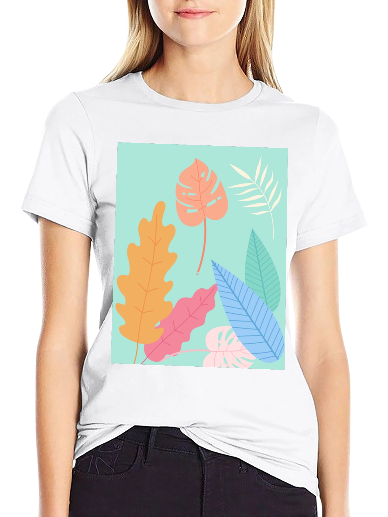 Black Tropical Leaves Graphic Tee - Black Cotton T-Shirt view 9