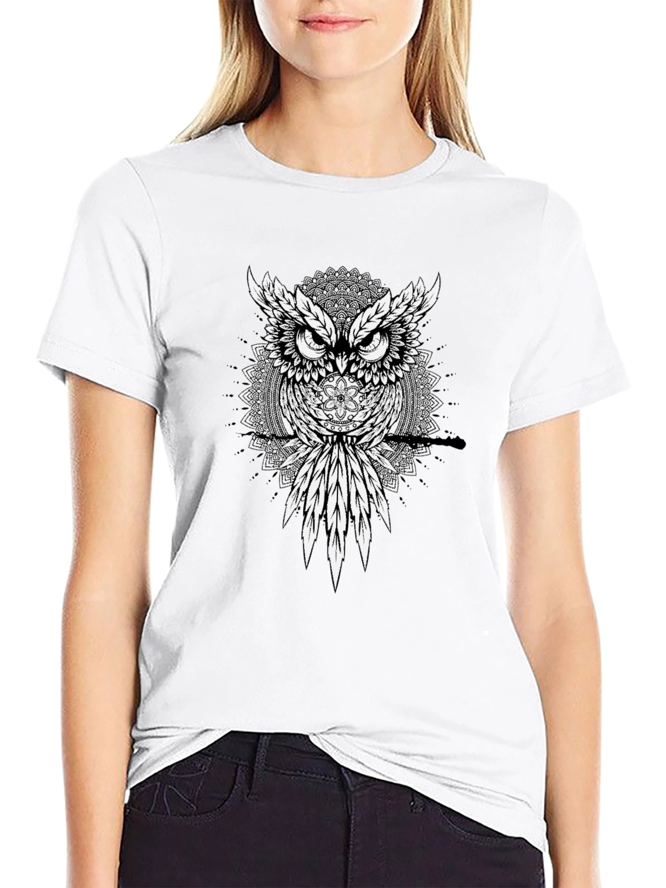 Black Owl Mandala Graphic Tee - Men's Black T-Shirt view 9
