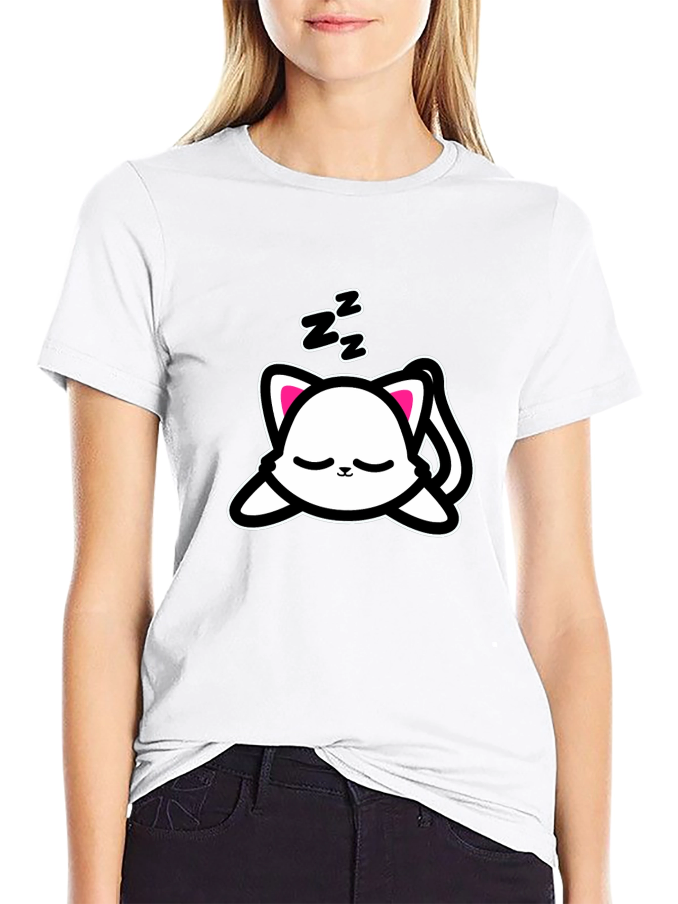 Black Cute Sleeping Cat Graphic Tee - Black view 9