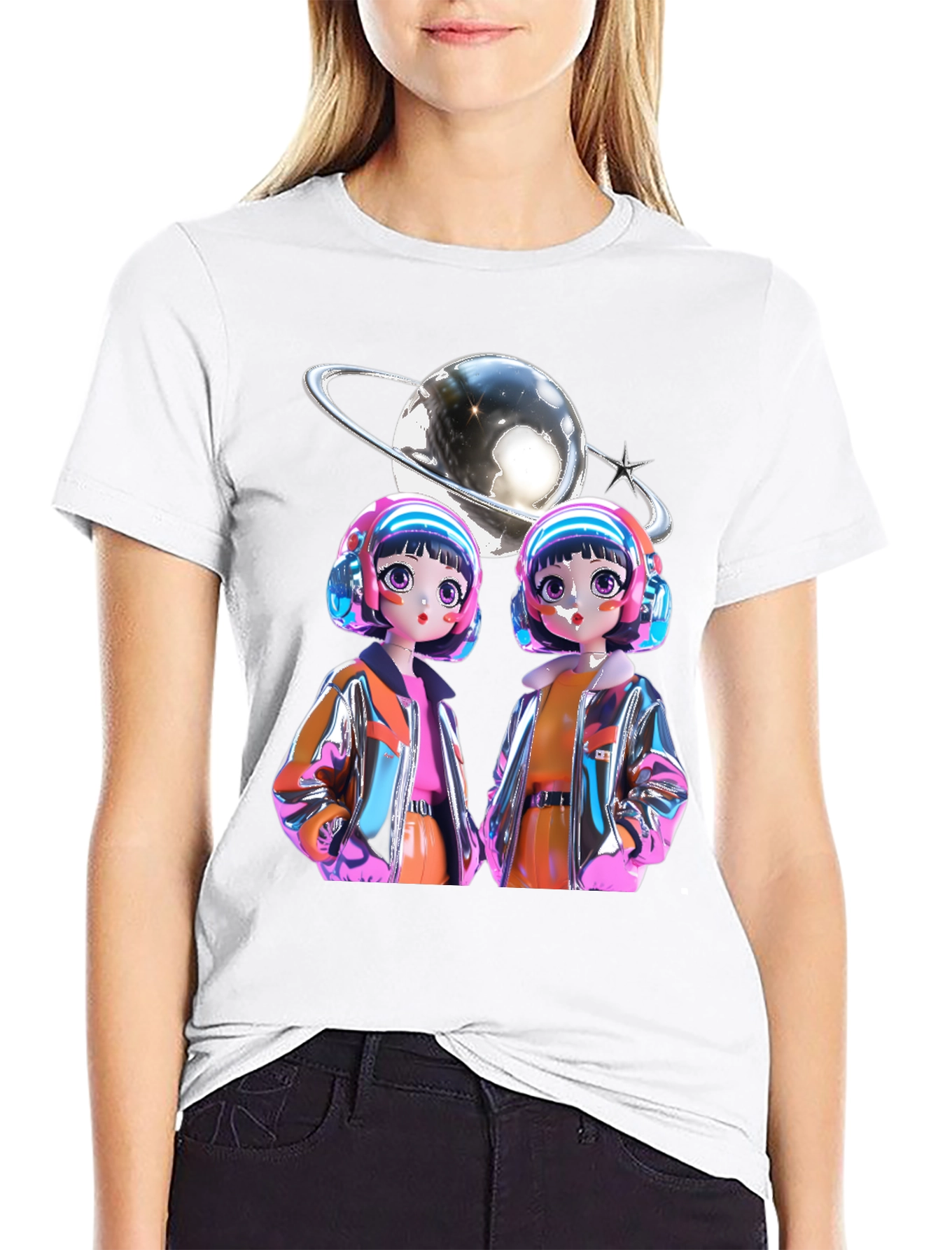 Black Retro Anime Twins Graphic Tee - Black Cotton T-Shirt view 9