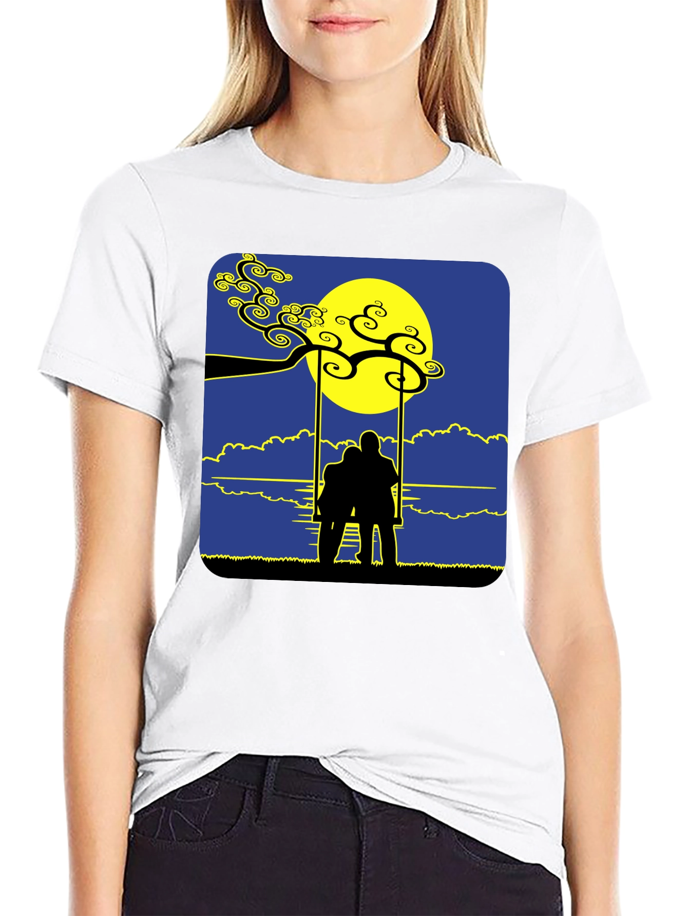Black Romantic Silhouette Tee: Lovers on a Swing at Moonrise view 9