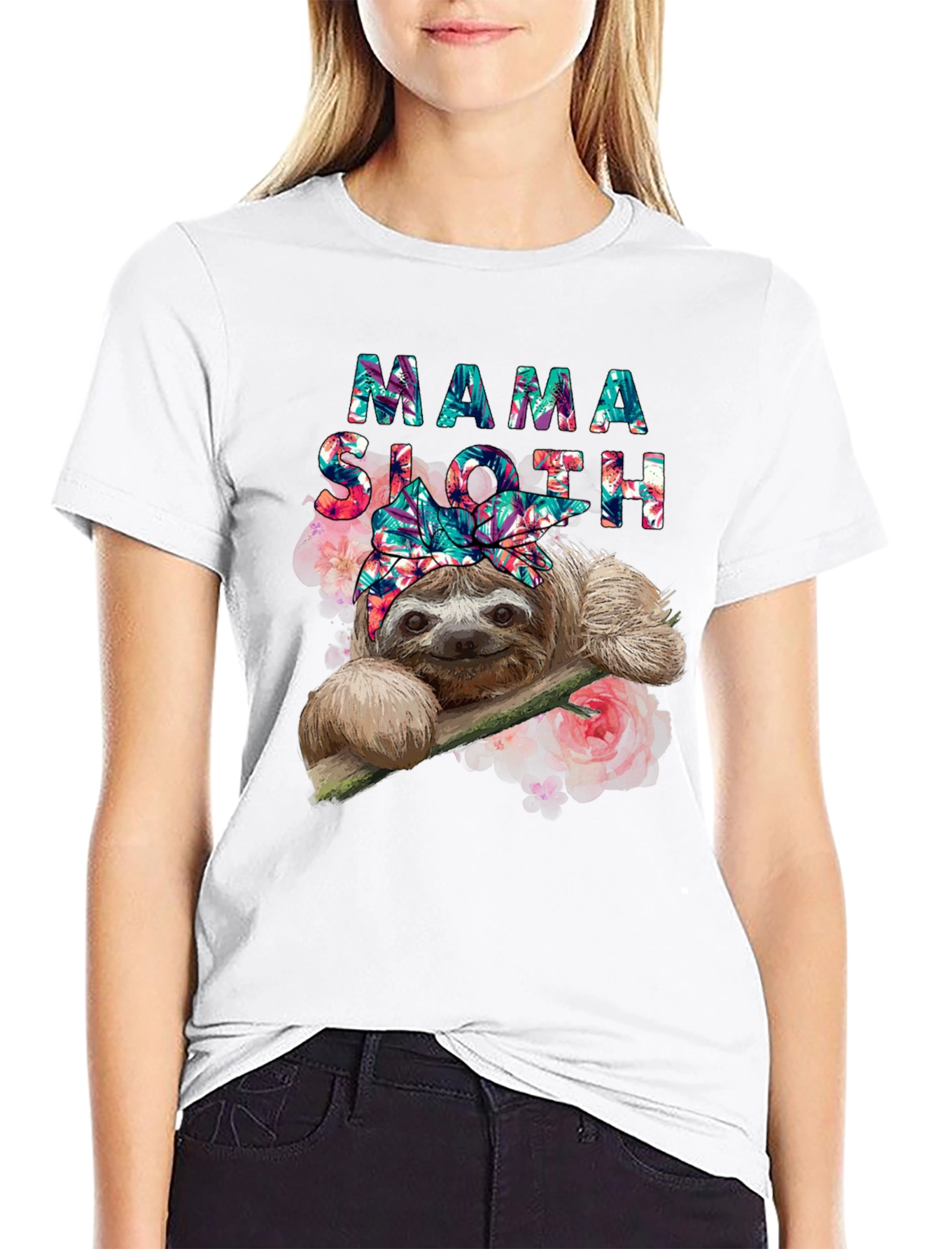 Black Mama Sloth Floral T-Shirt - Cute Animal Tee view 9