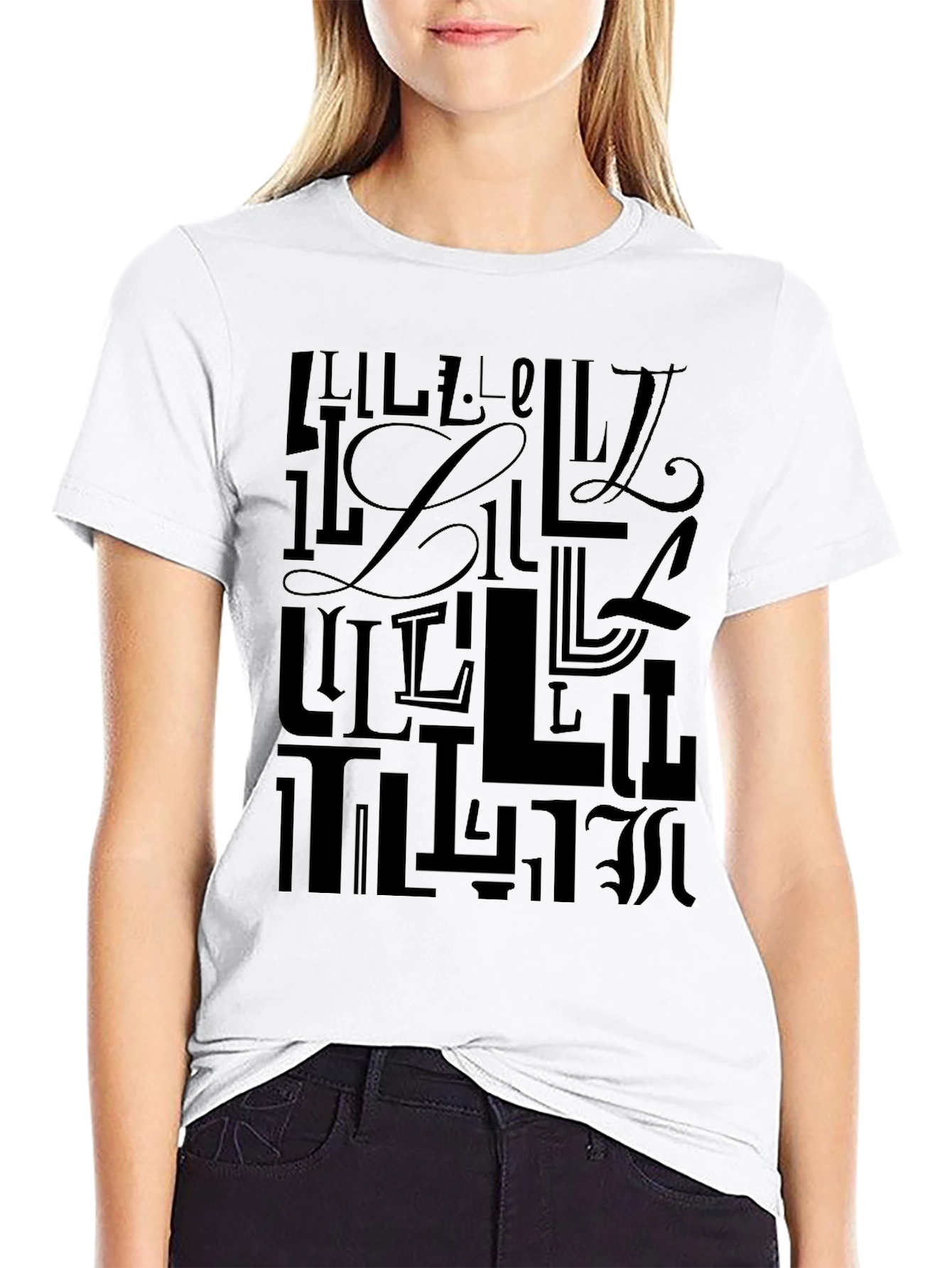 Black Stylish Letter "L" Pattern Black T-Shirt view 9