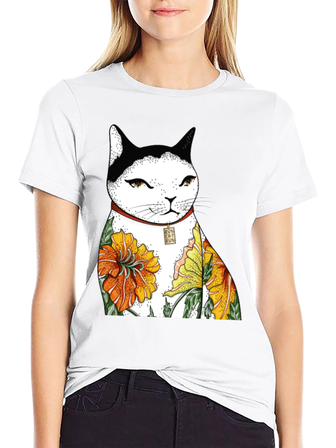 Black Cat & Flowers Black T-Shirt view 9