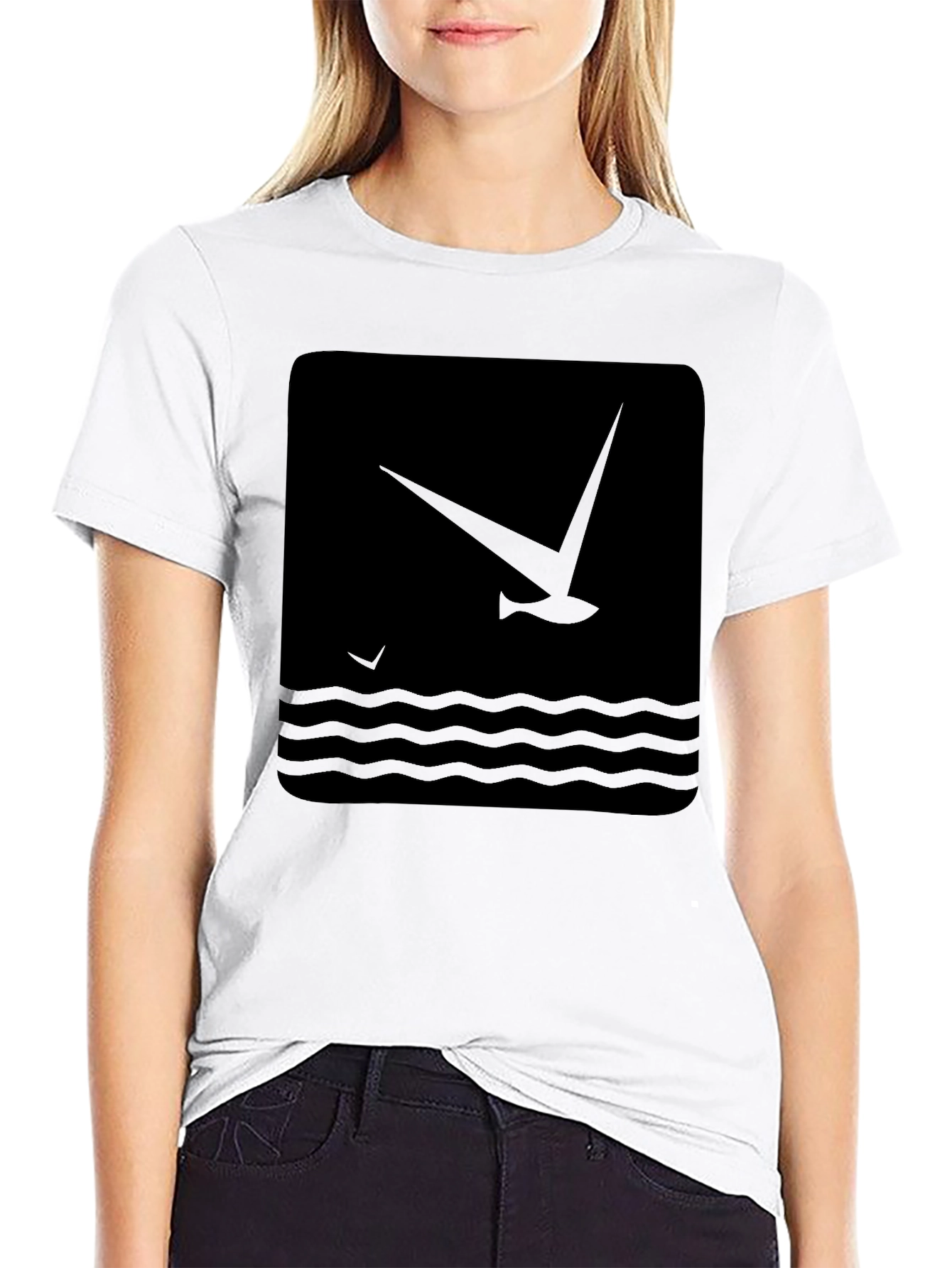 Black Black Graphic T-Shirt - Bird & Wave Design view 9
