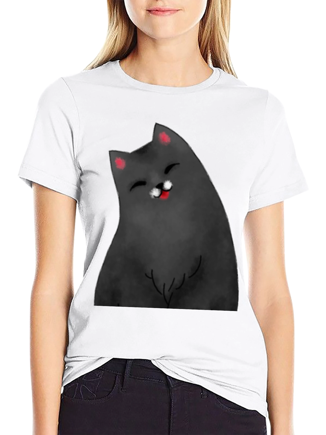 Black Smiling Cat Graphic Tee - Black Cotton Blend Shirt view 9