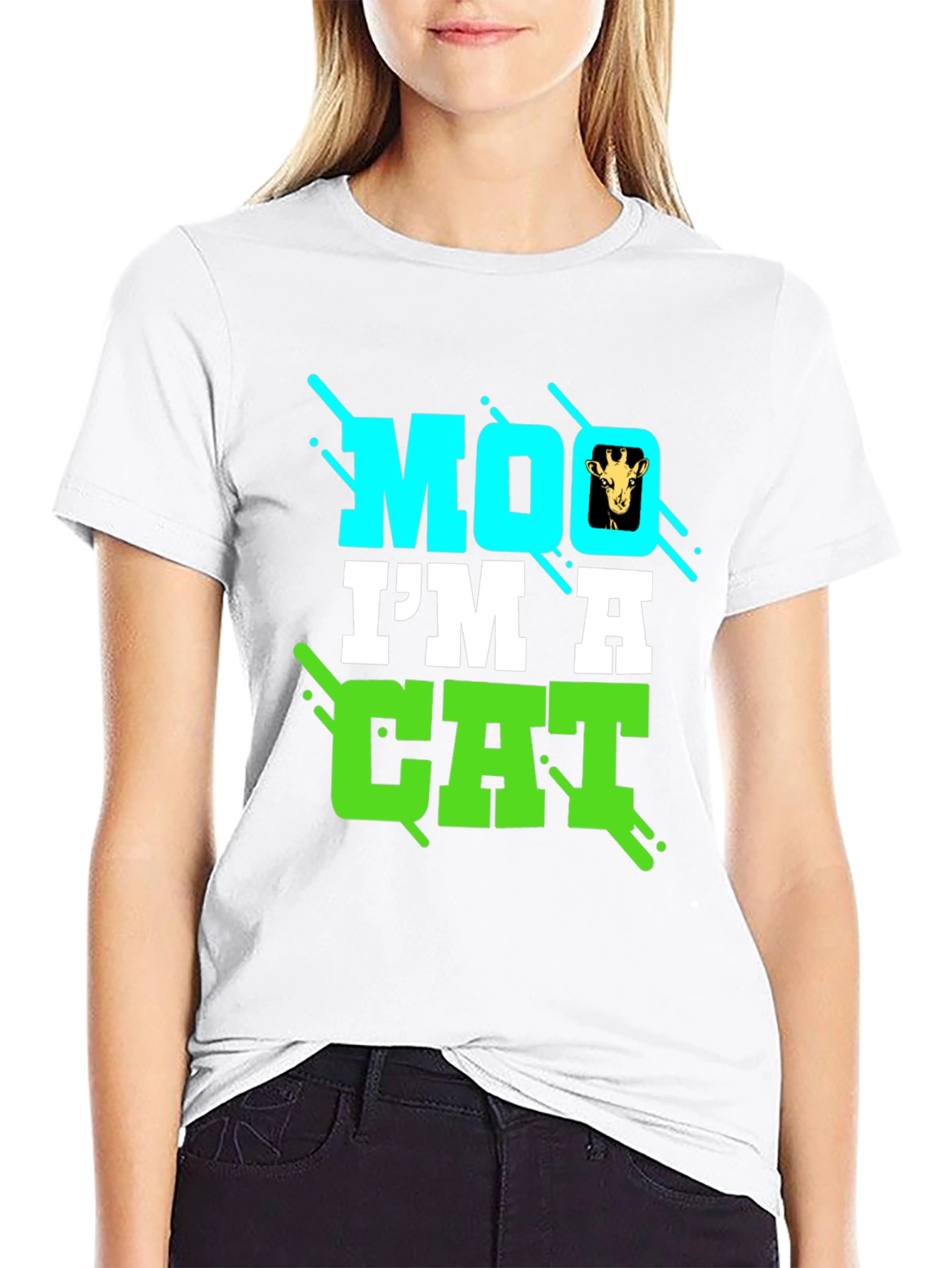 Black Funny Giraffe Moo I'm a Cat Graphic T-Shirt view 9