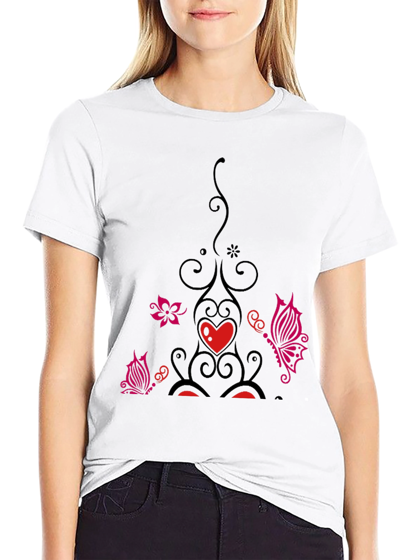 Black Black Tee with Floral Heart Butterfly Design view 9