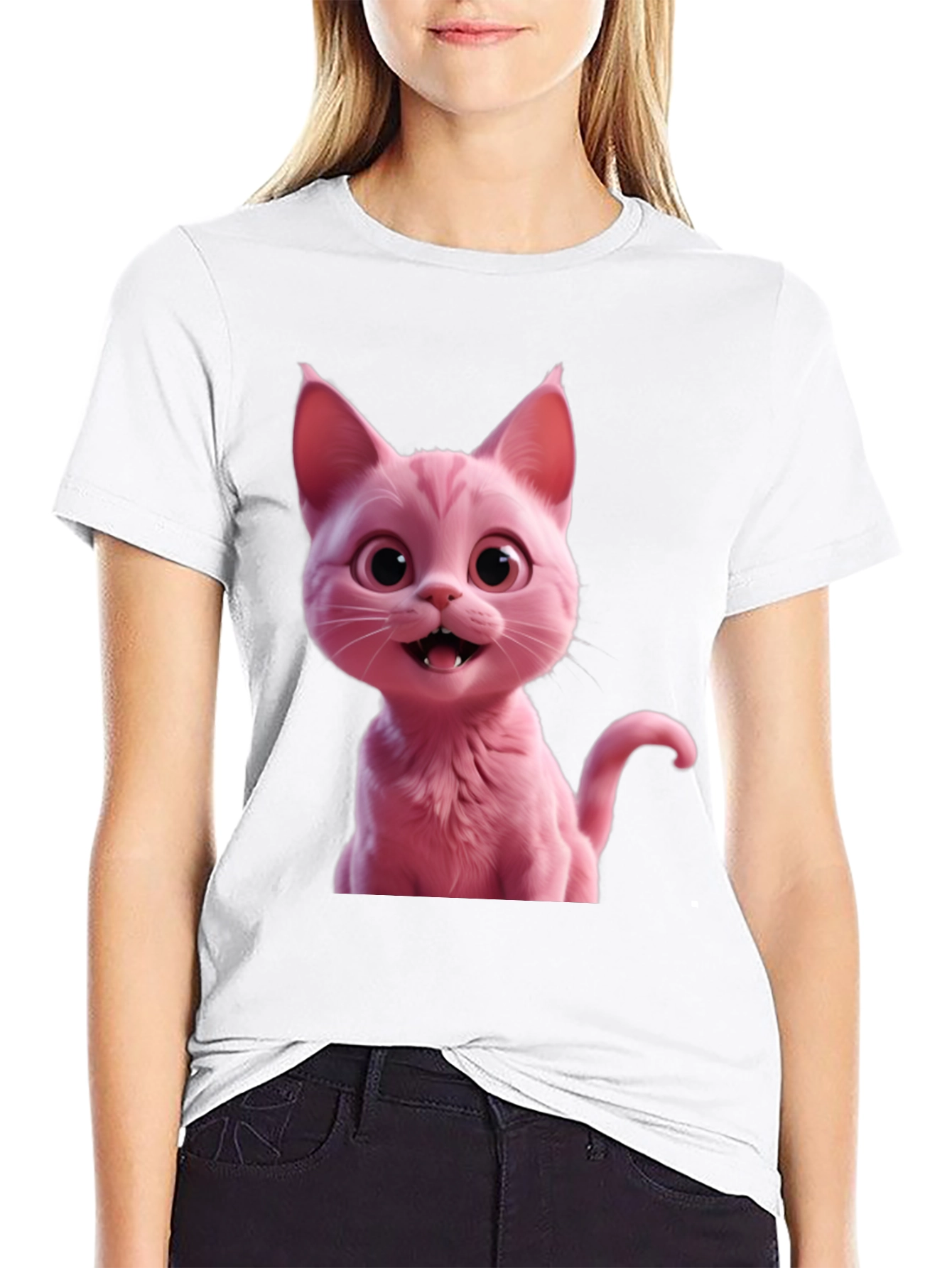 Black Pink Cat Graphic Tee - Black Unisex T-Shirt view 9