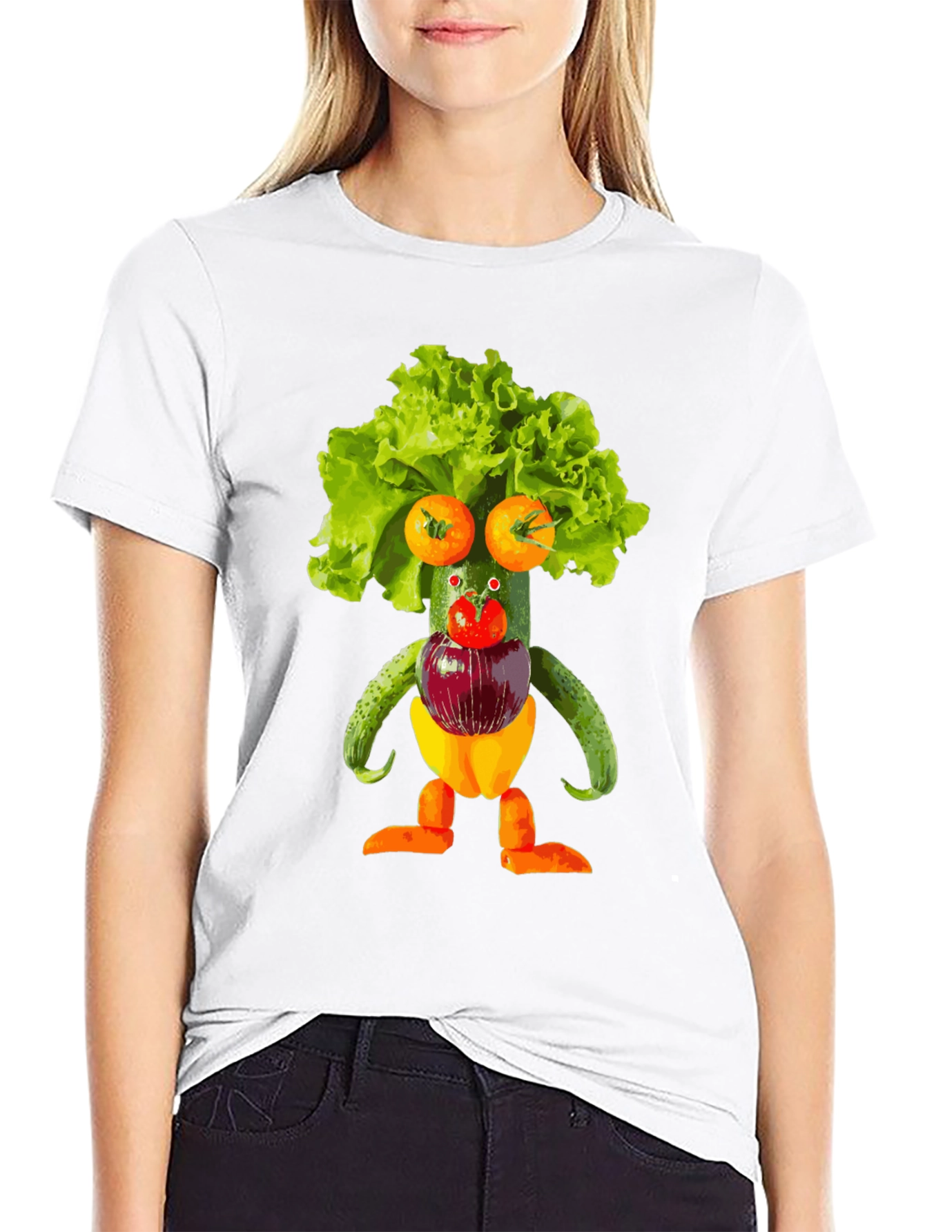 Black Whimsical Vegetable Art T-Shirt - Unique Foodie Fashion view 9