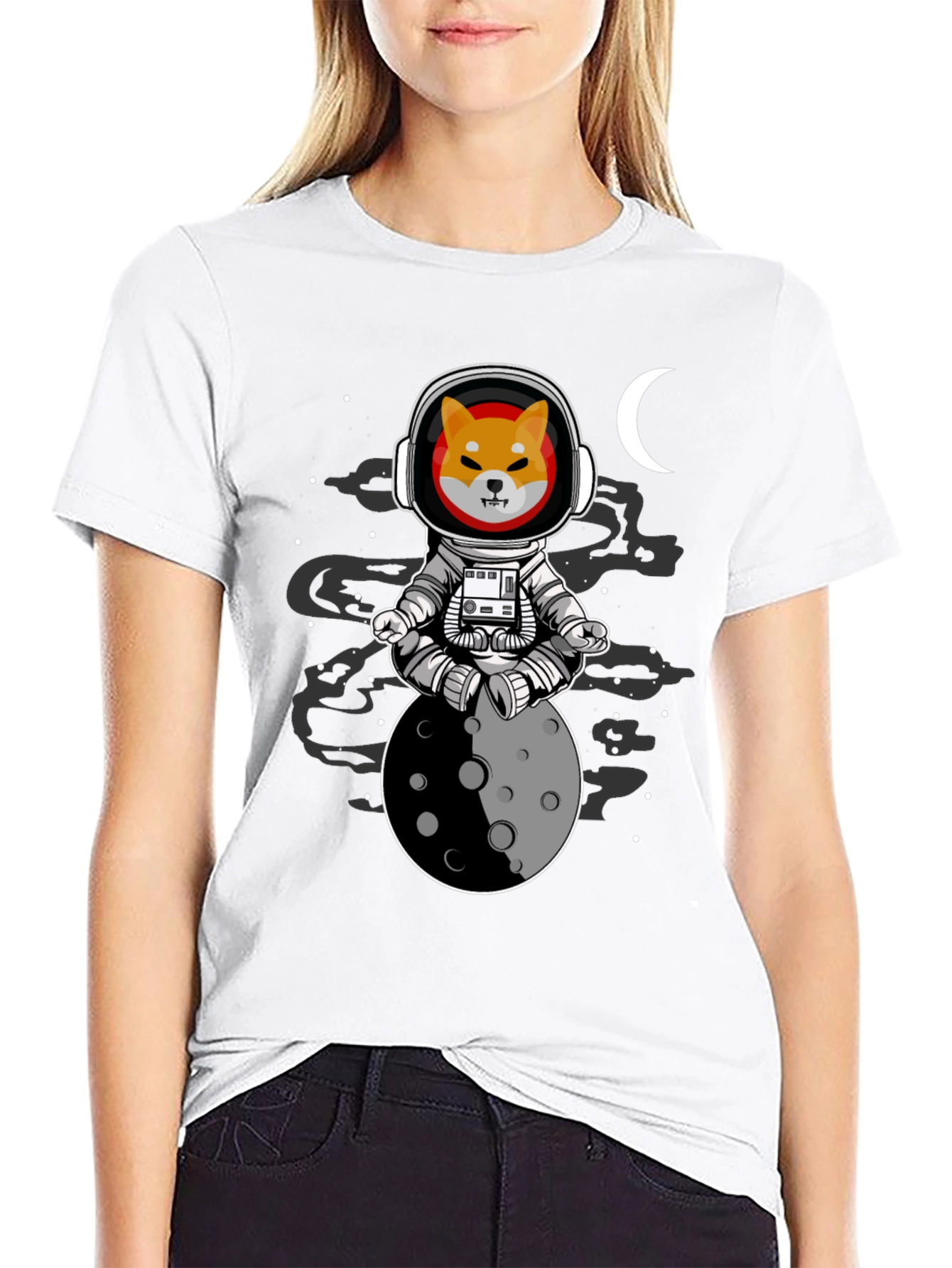 Black Shiba Inu Astronaut T-Shirt - Moon Meditation view 9