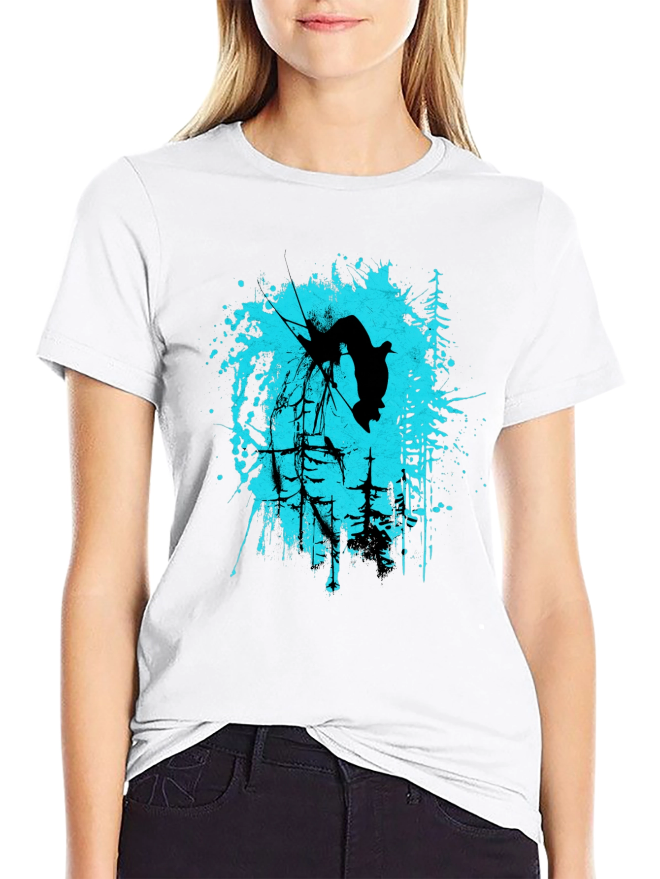 Black Black T-Shirt with Skier Graphic Design view 9