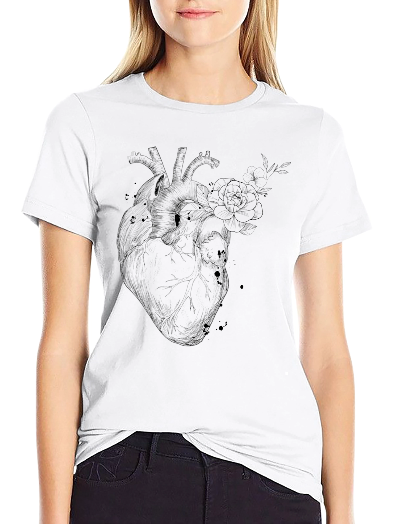 Black Anatomical Heart Floral Graphic Black T-Shirt view 9
