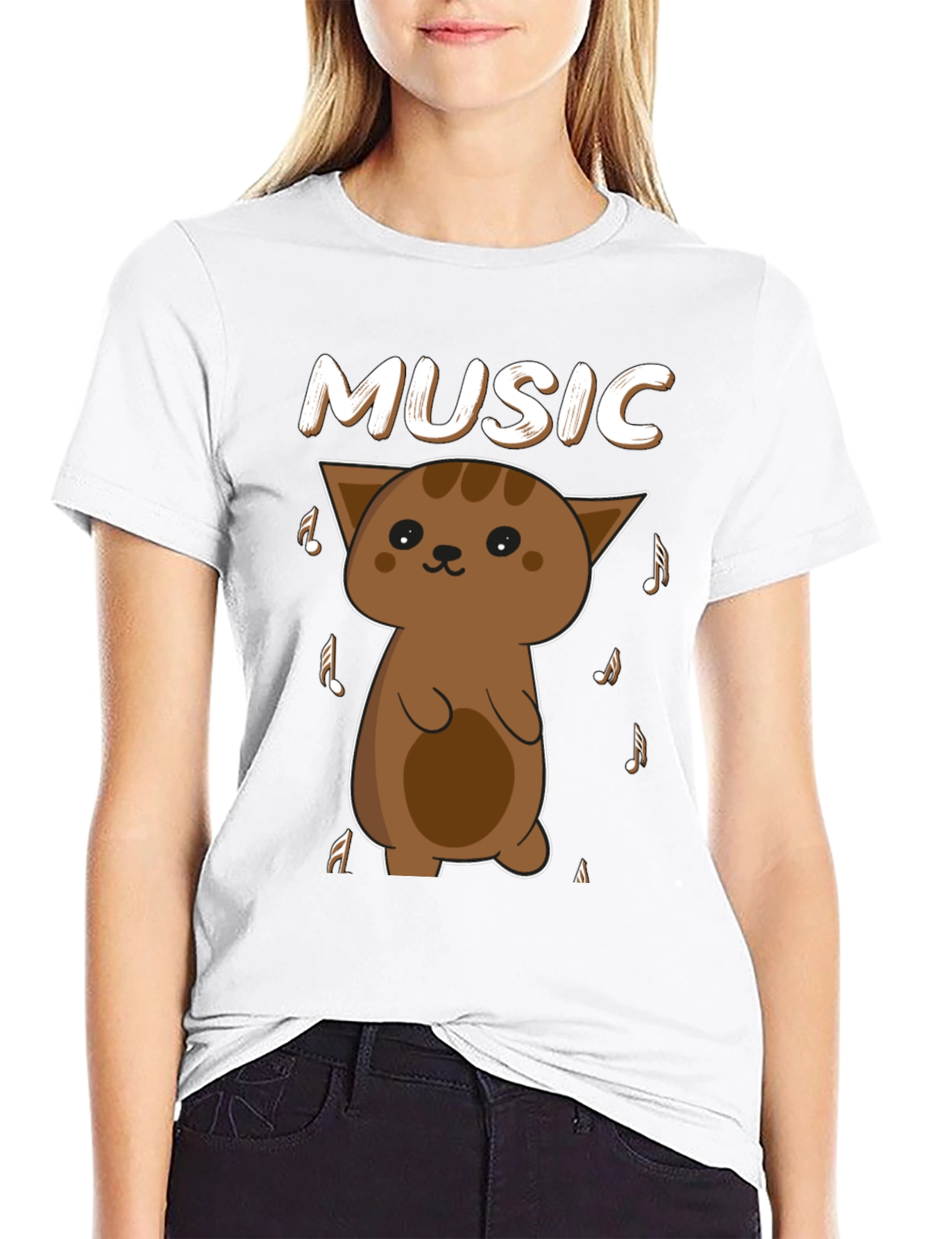Black Cute Cat Music Lover T-Shirt - Unisex Soft Cotton Tee view 9