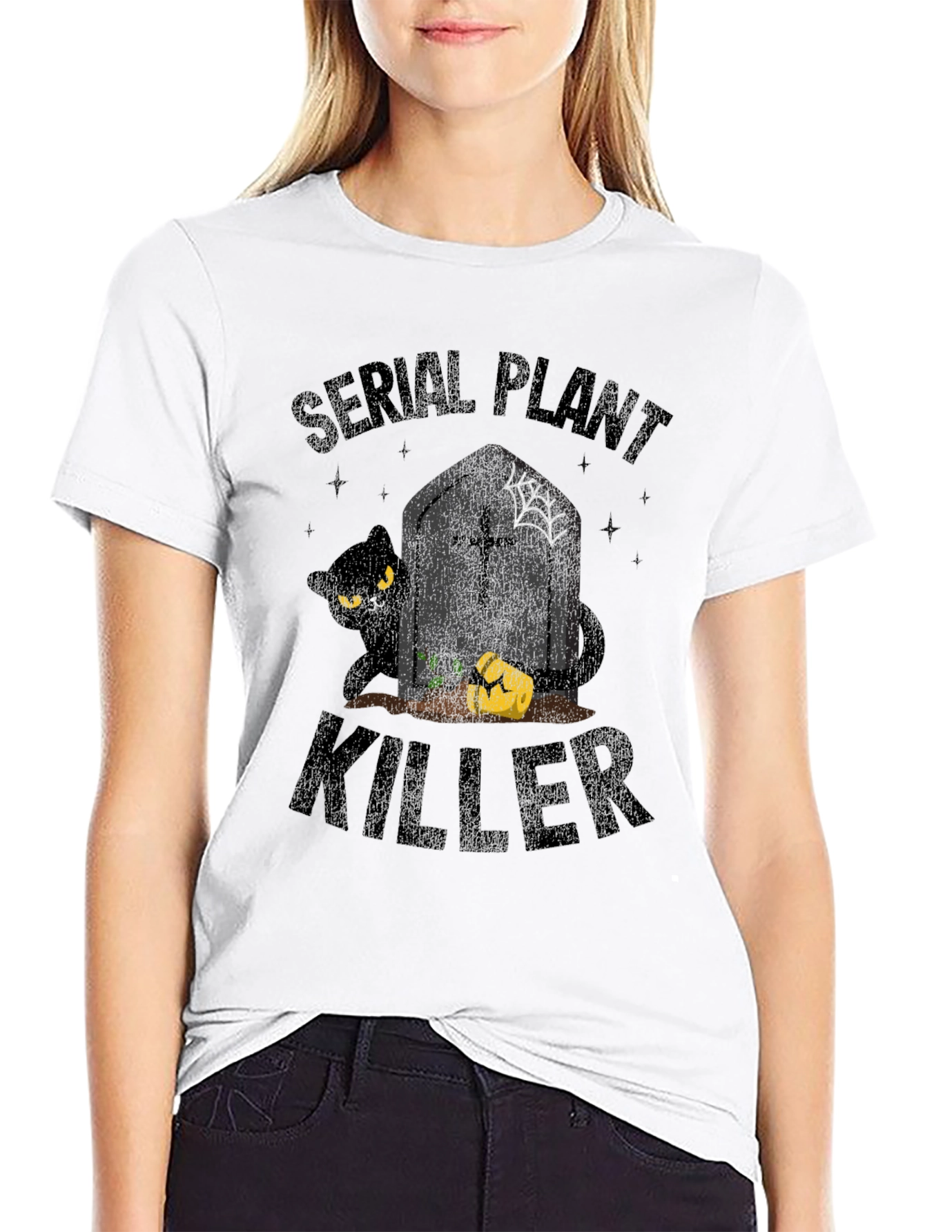 Black Serial Plant Killer T-Shirt - Halloween Cat Design view 9