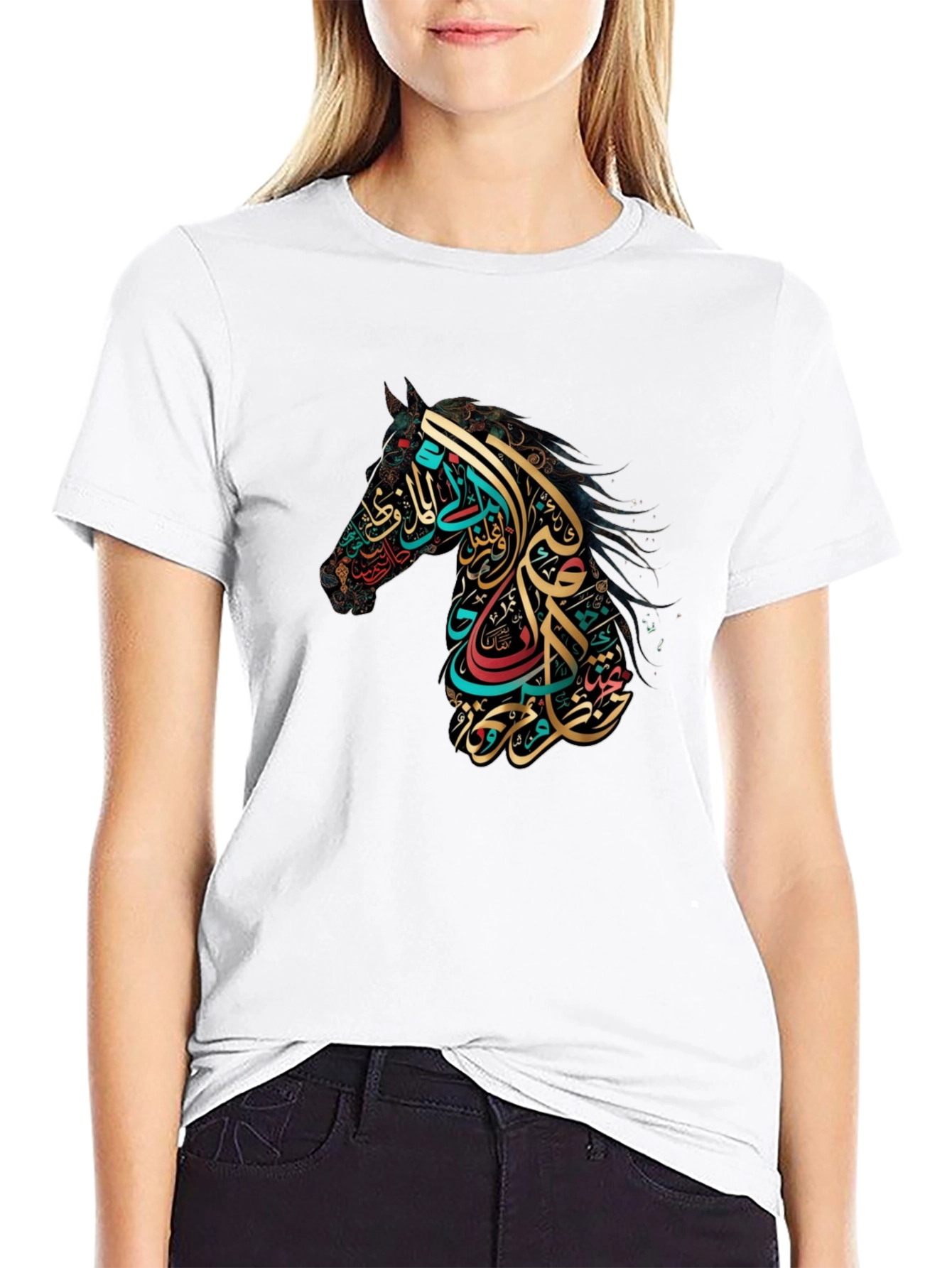 Black Arabic Calligraphy Horse Graphic Tee view 9