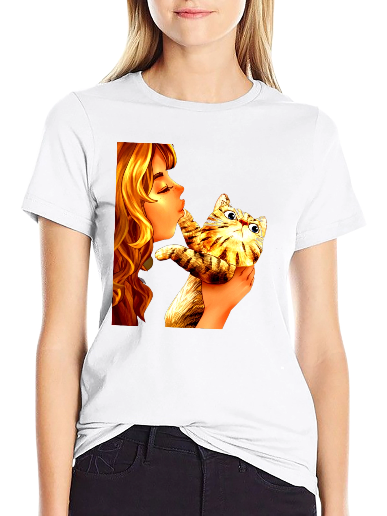 Black Girl Kissing Cat Graphic Tee - Novelty Unisex T-Shirt view 9