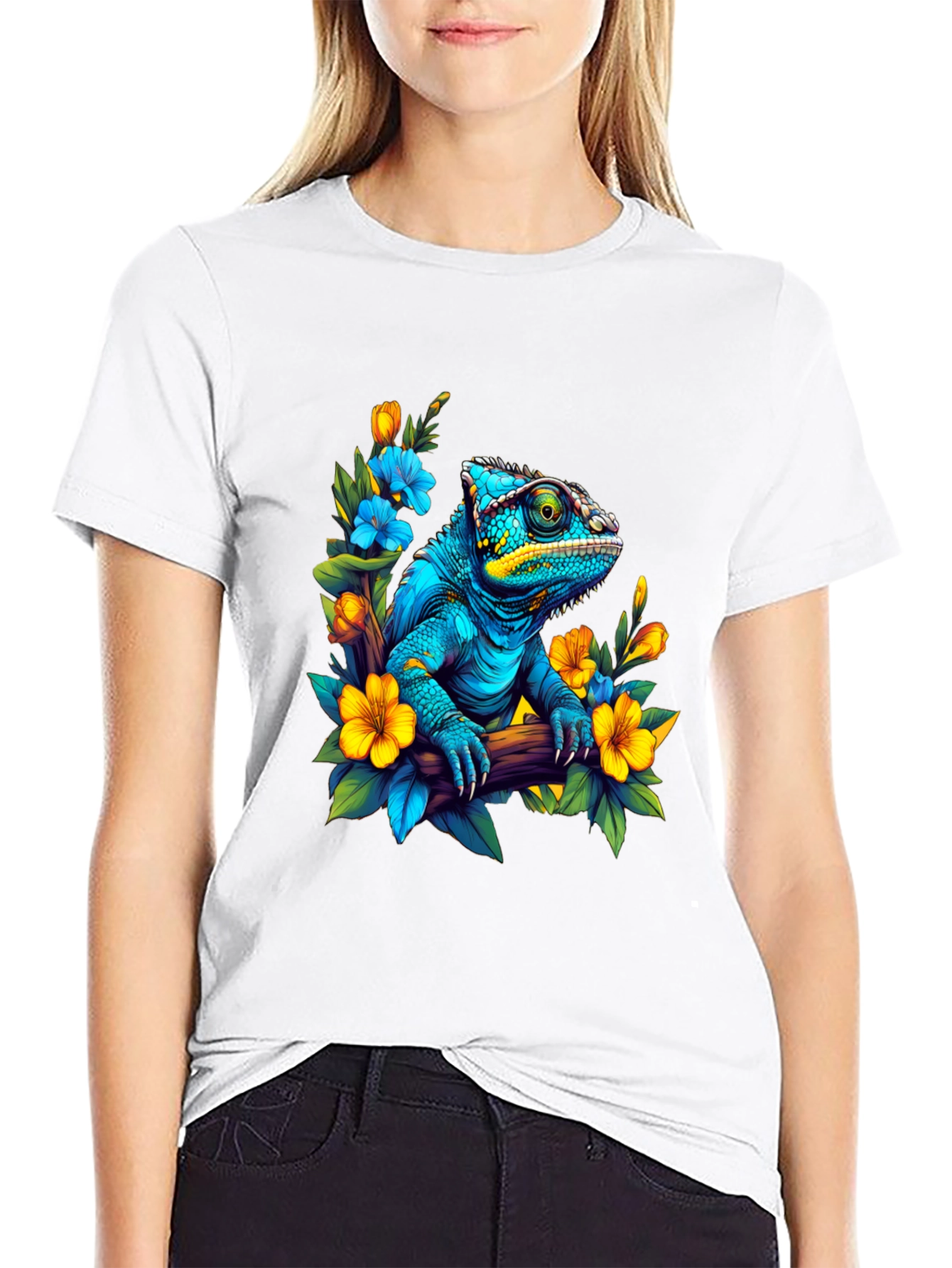 Black Blue Chameleon Floral Graphic Tee view 9