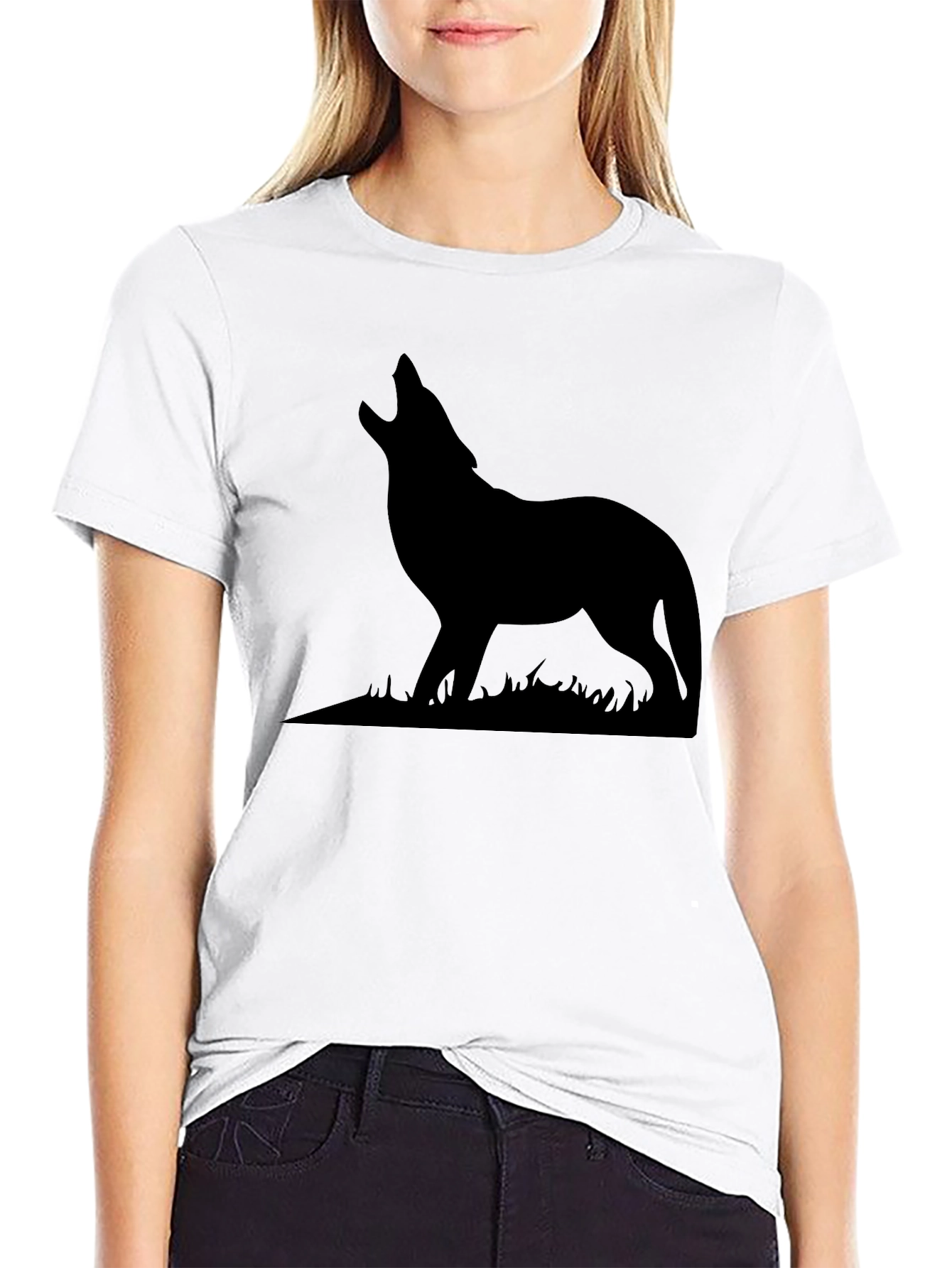 Black Wolf Silhouette Graphic Print T-Shirt view 9