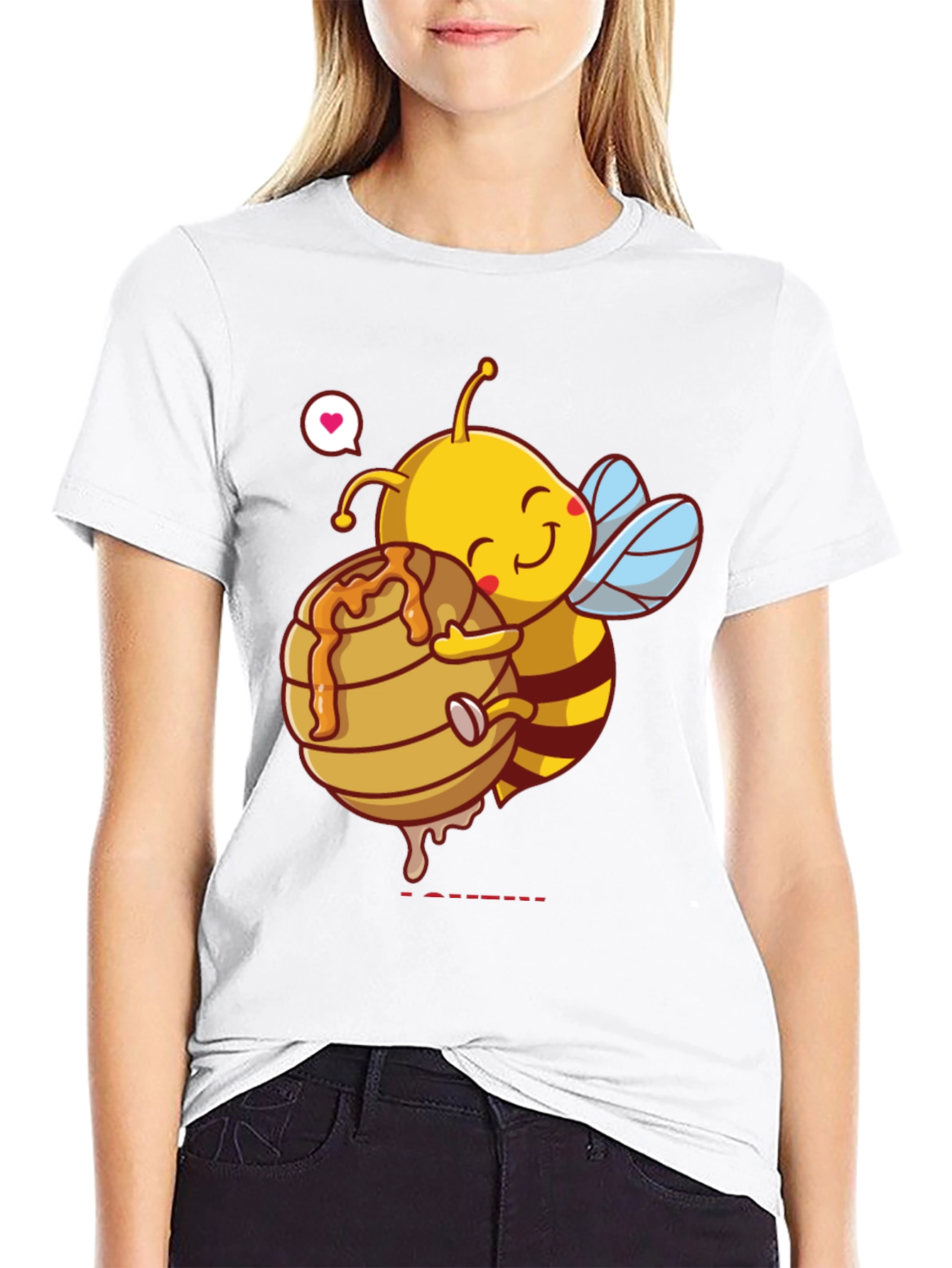 Black Cute Bee Hugging Honeycomb Graphic T-Shirt view 9