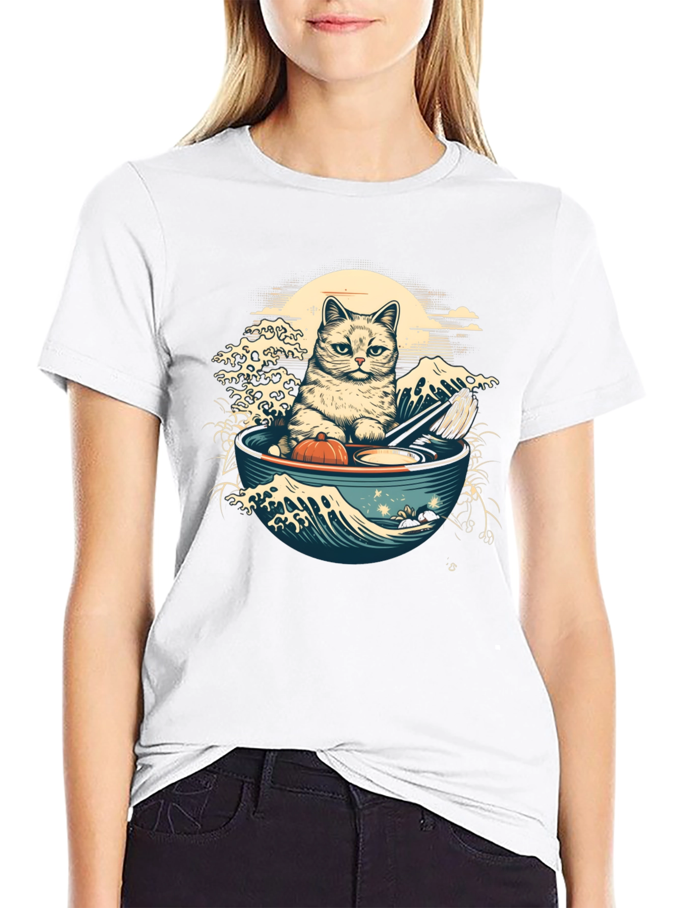 Black Cat Ramen Wave T-Shirt - Stylish Graphic Tee view 9
