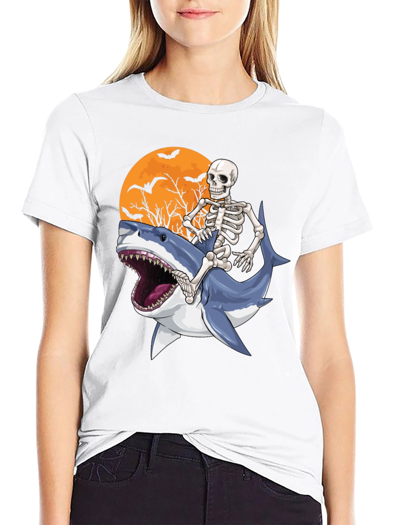 Black Skeleton Riding Shark Graphic T-Shirt - Halloween Style view 9