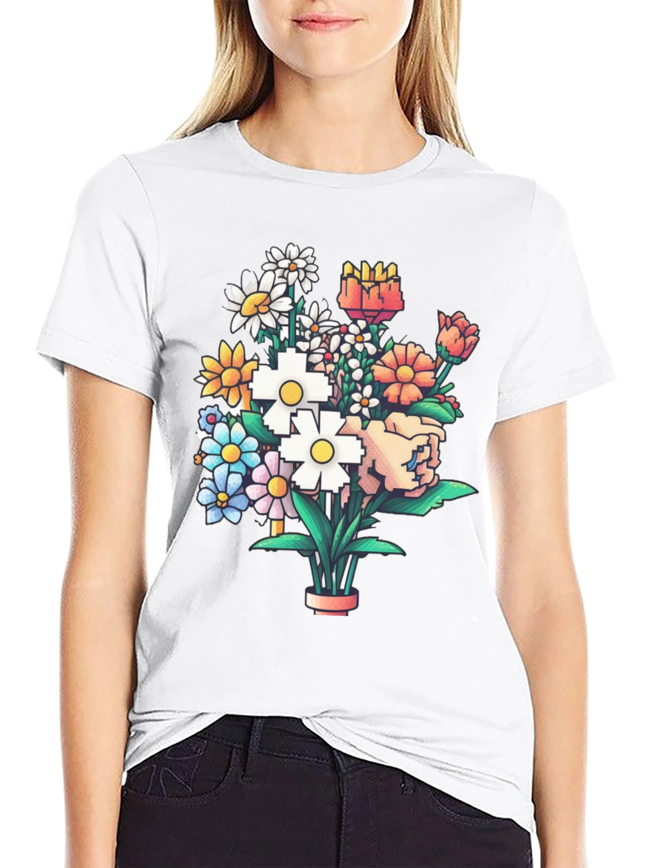 Pixel Art Floral Graphic Tee - Black Cotton Casual T-Shirt - 9
