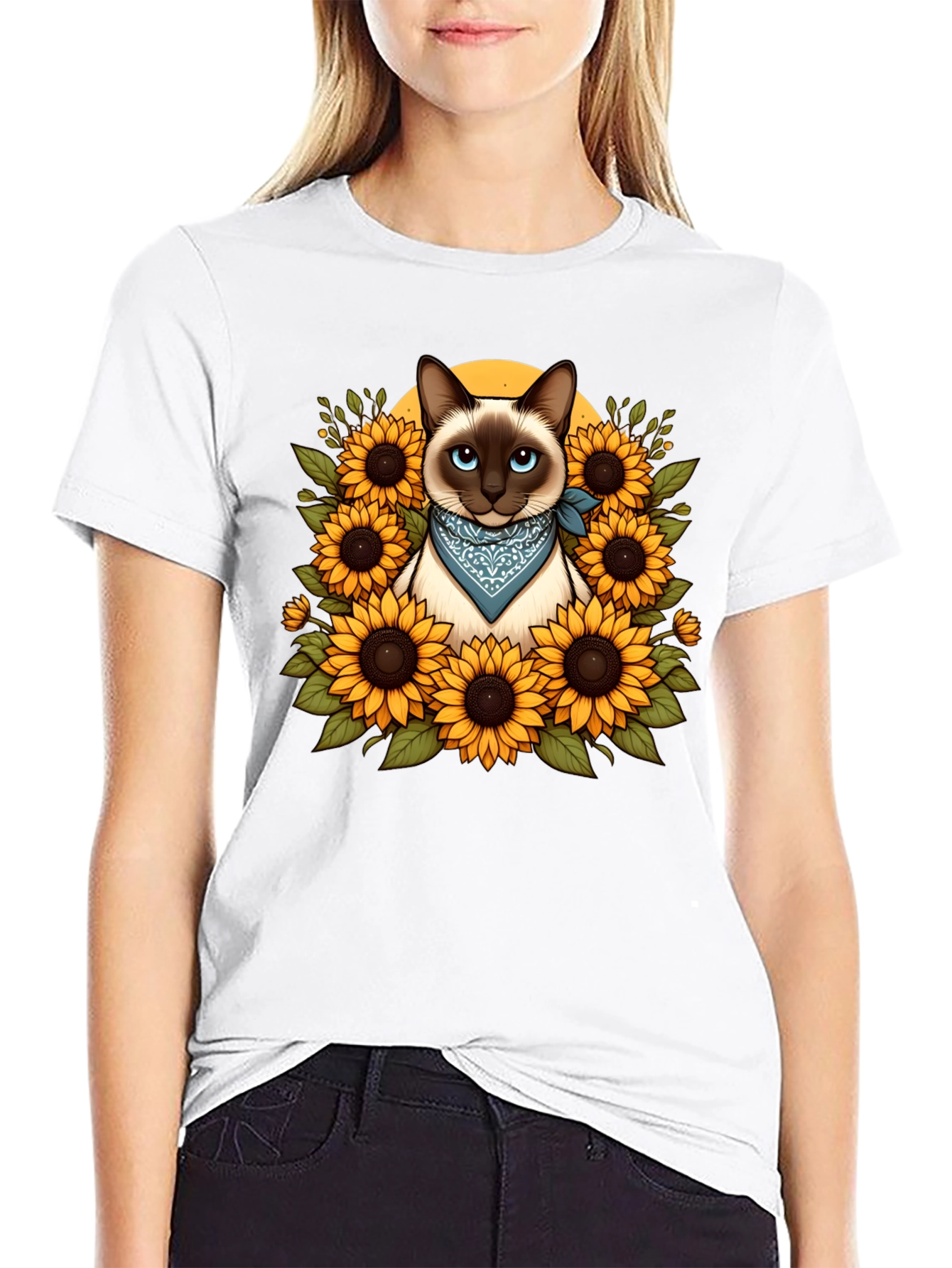 Black Siamese Cat Sunflower Graphic T-Shirt view 9