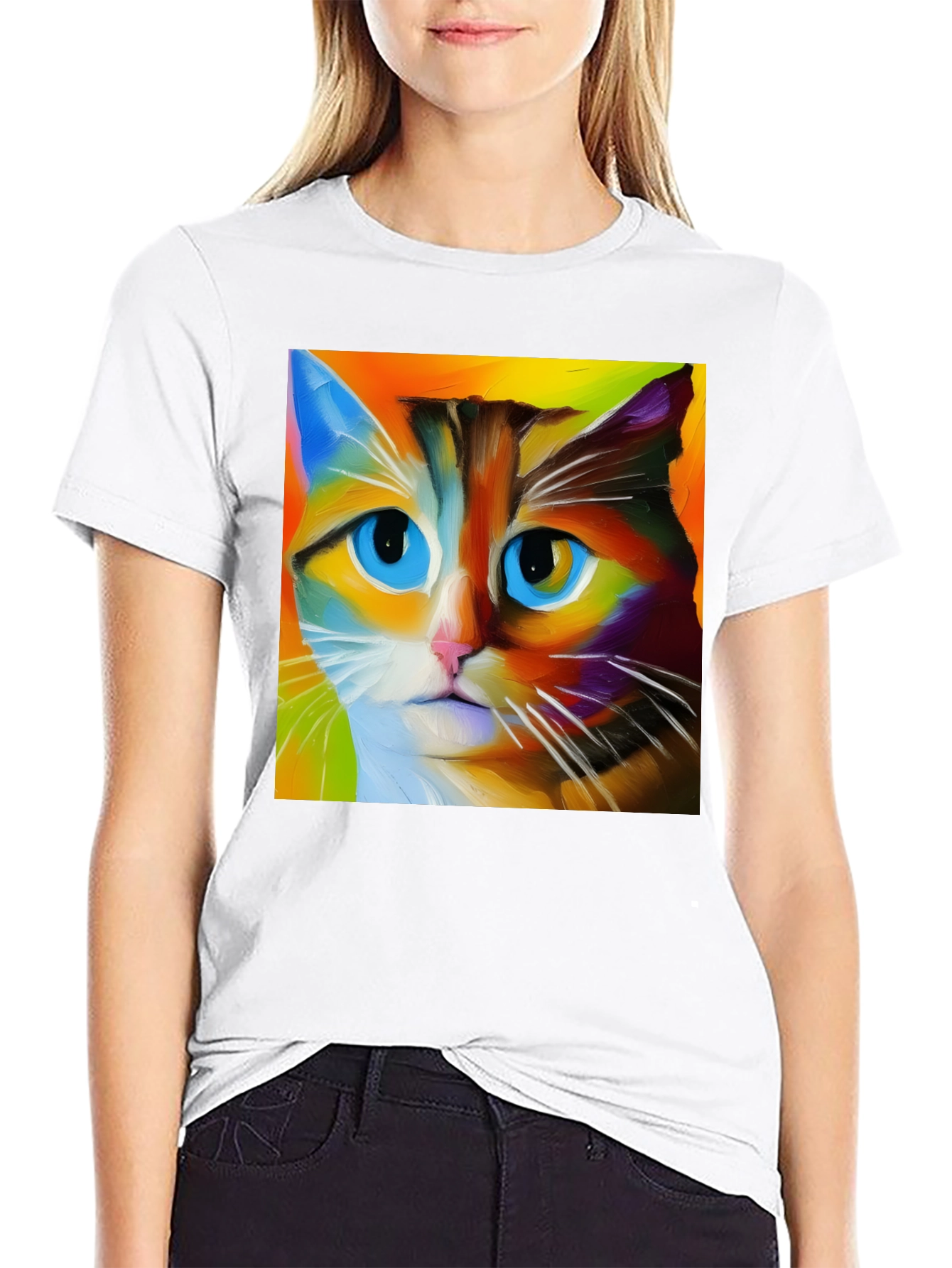Black Colorful Cat Art T-Shirt view 9