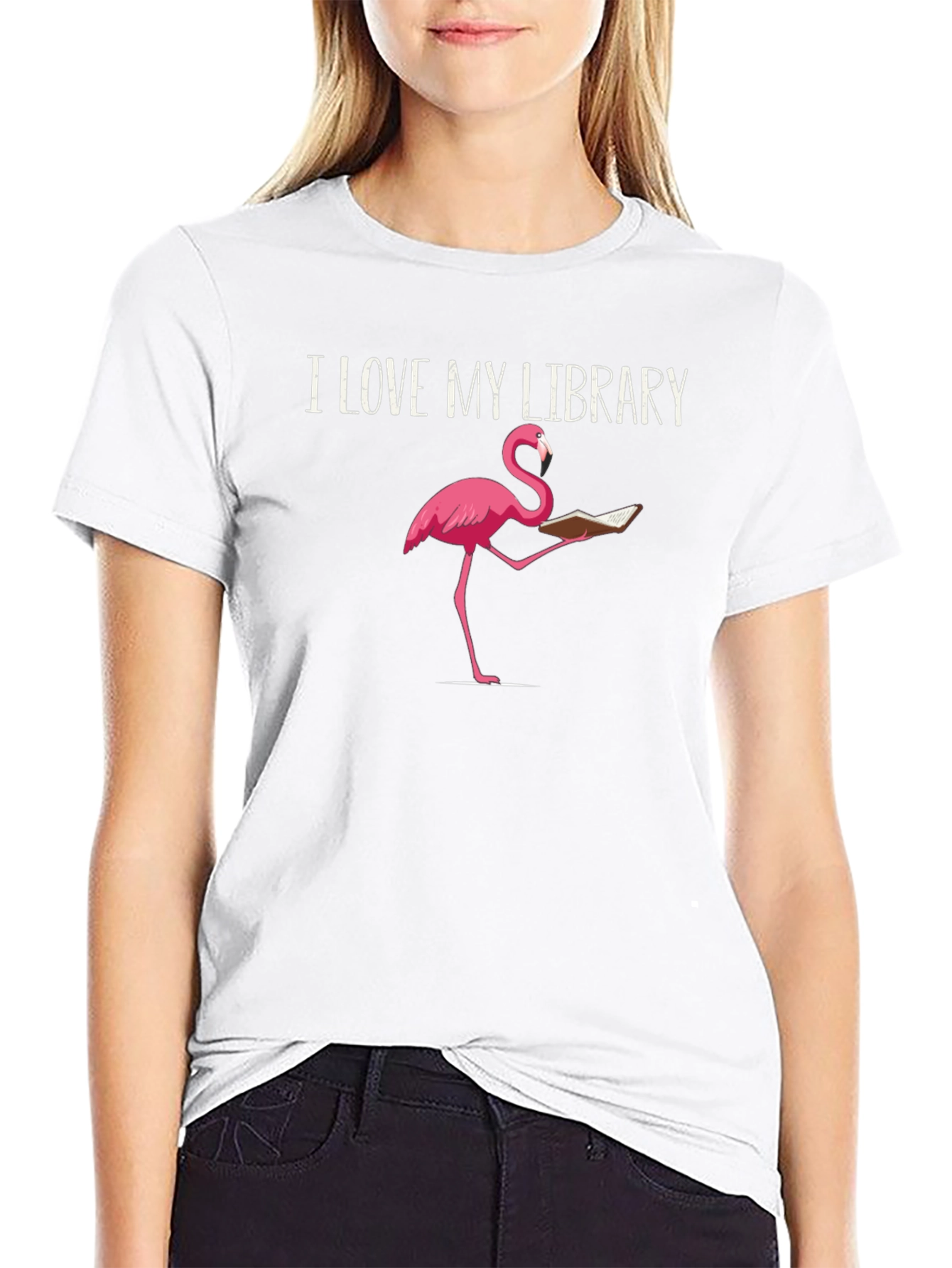 Black I Love My Library Flamingo Reading T-Shirt view 9