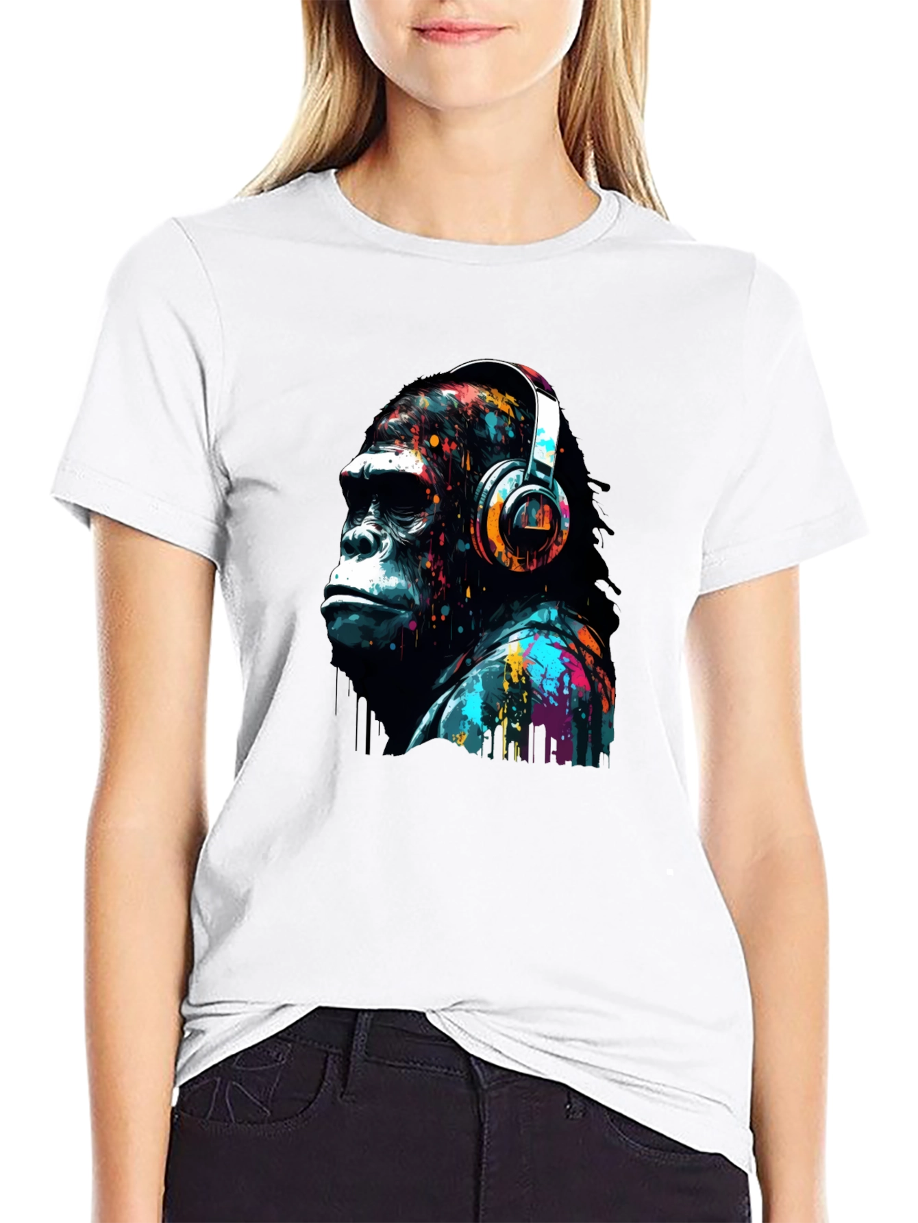Black Gorilla Headphone Graphic Print Black T-Shirt view 9