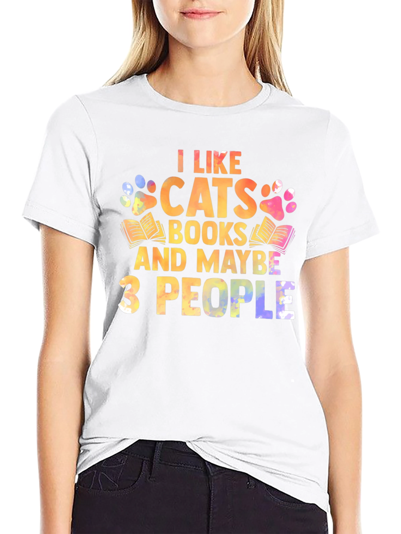Black I Like Cats Books & Maybe 3 People Unisex T-Shirt view 9