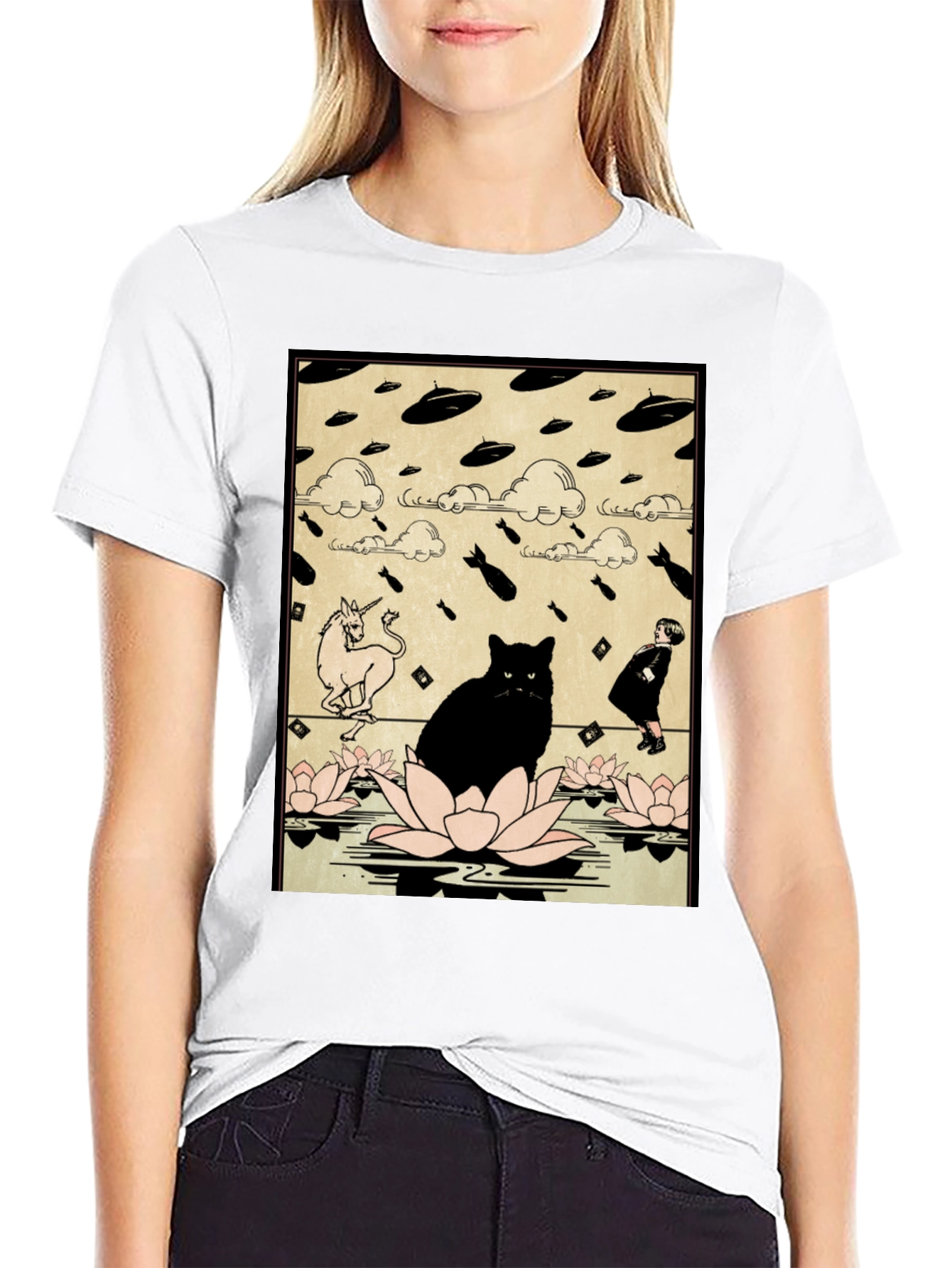 Black Cat & Unicorn Invasion T-Shirt - Funny Graphic Tee view 9