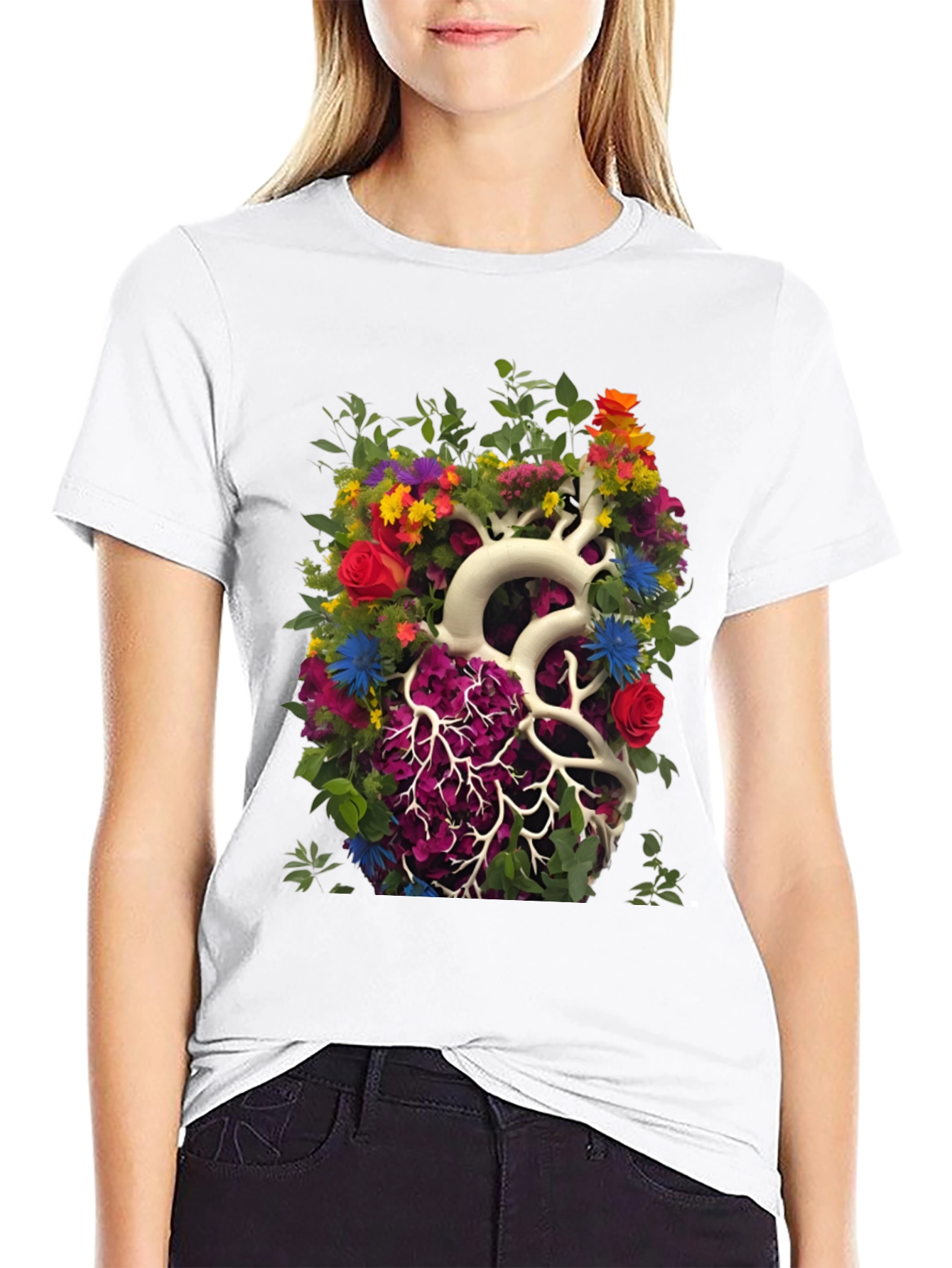 Black Floral Heart Anatomy T-Shirt - Unique Graphic Tee view 9