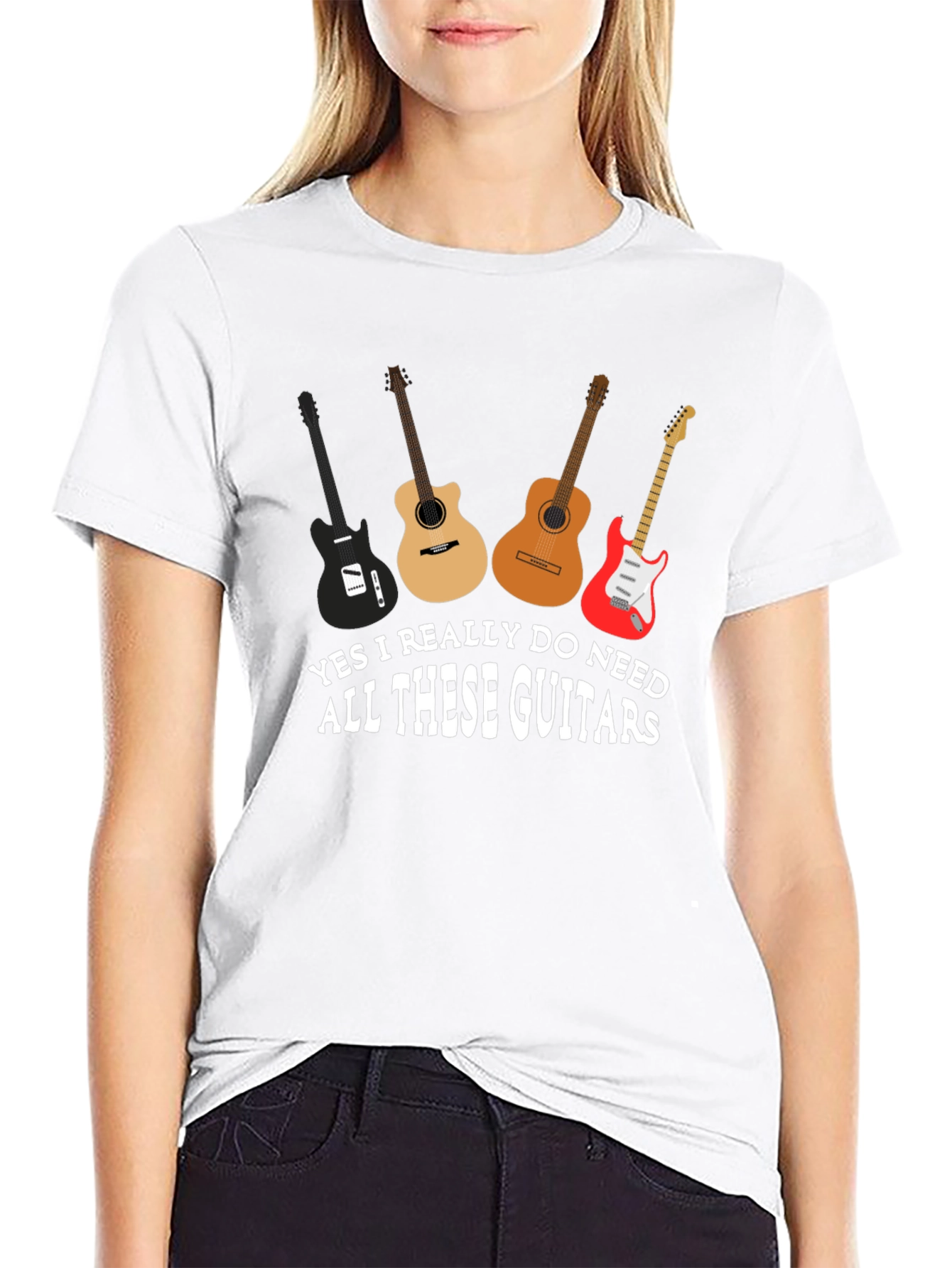 Black Guitar Lover T-Shirt: I Need All These Guitars Graphic Tee view 9