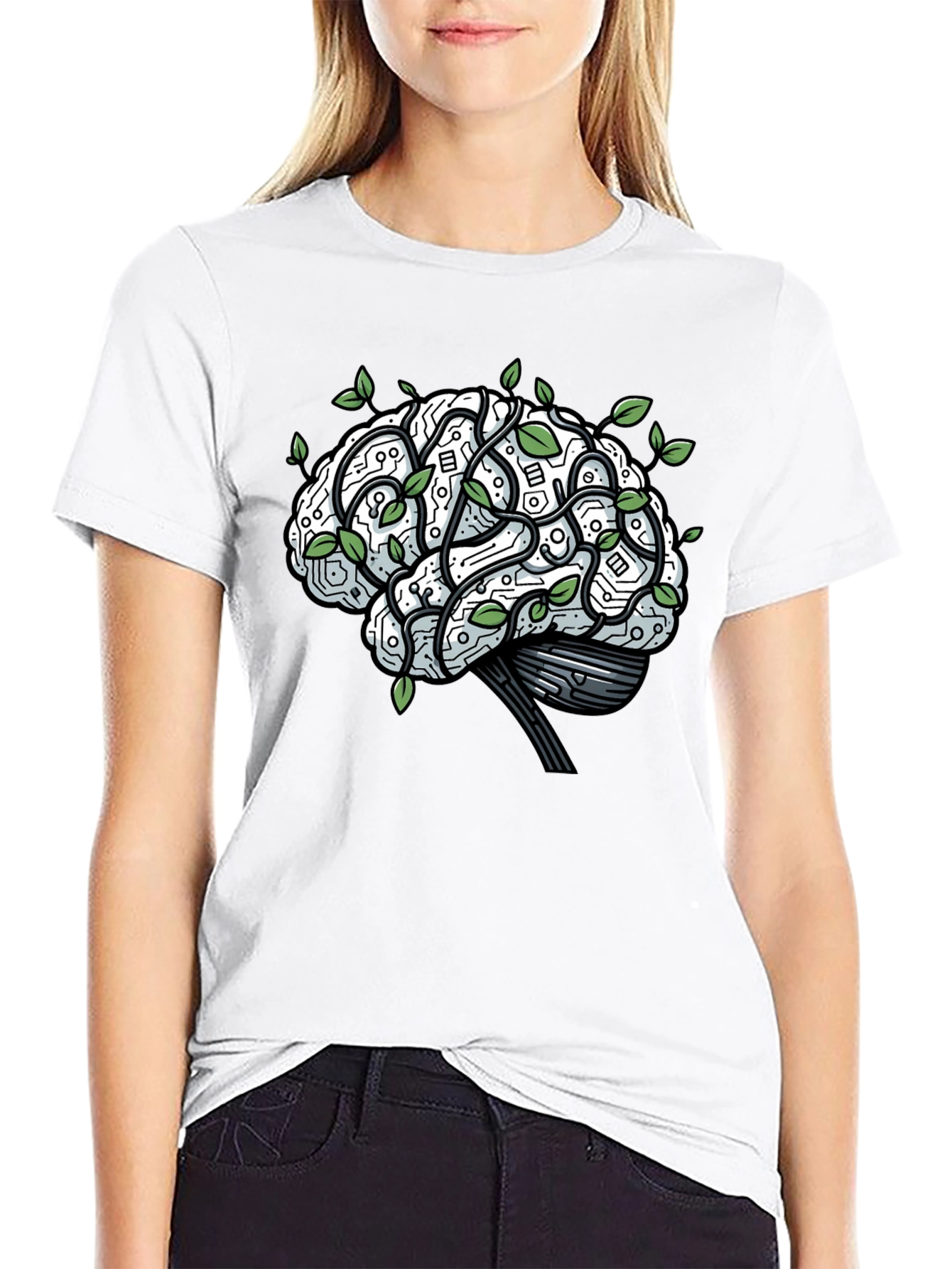Black Brain Circuitry & Leaves Graphic T-Shirt view 9