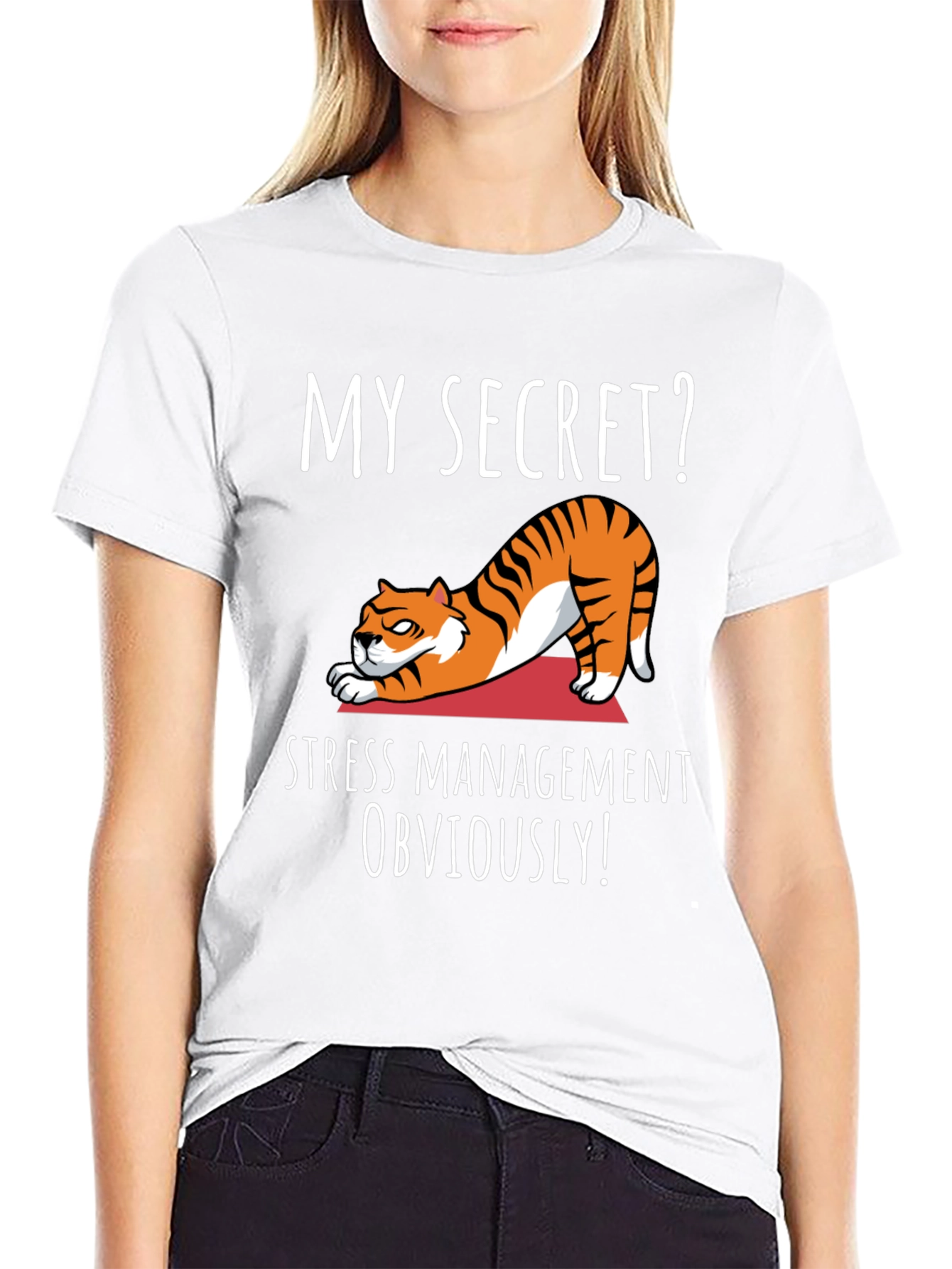 Black Funny Yoga Cat T-Shirt - My Secret? Stress Management Obviously! view 9